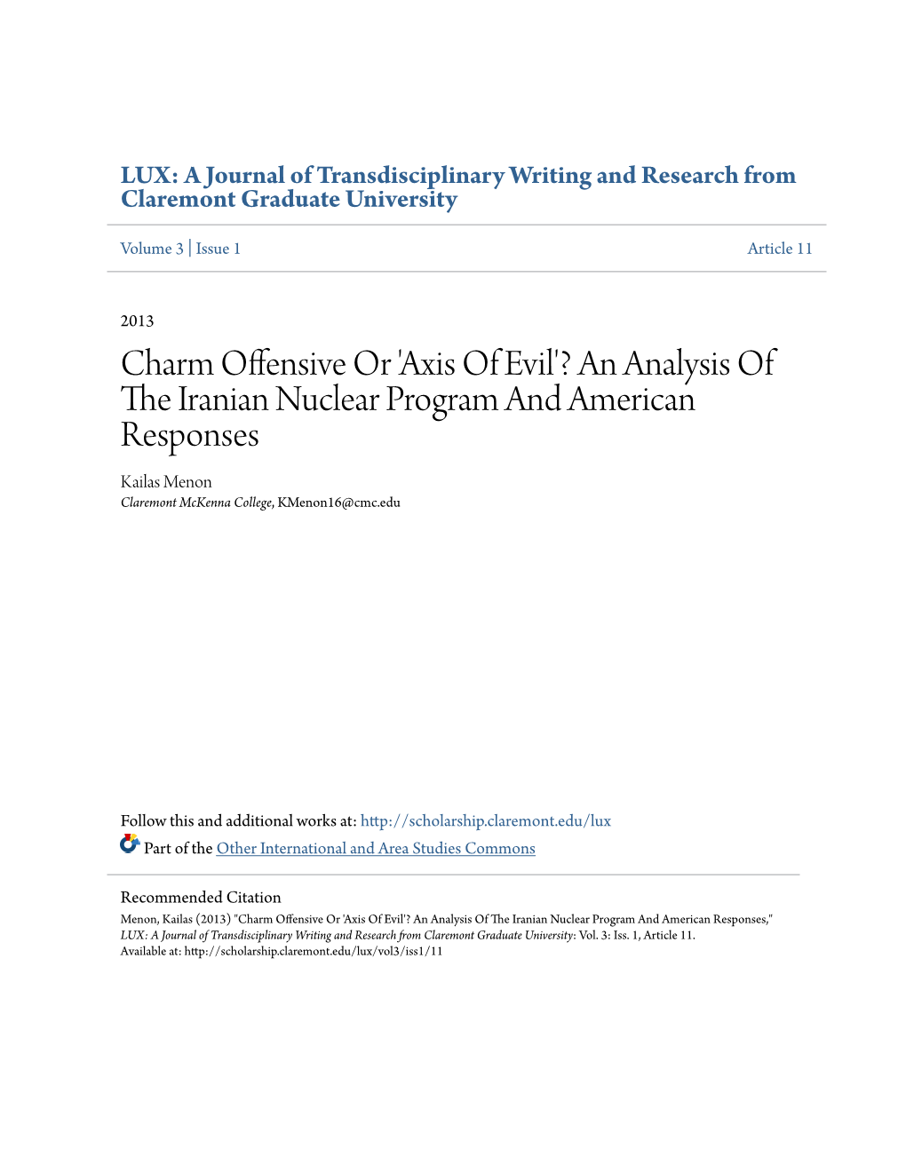 'Axis of Evil'? an Analysis of the Iranian Nuclear Program and American Responses