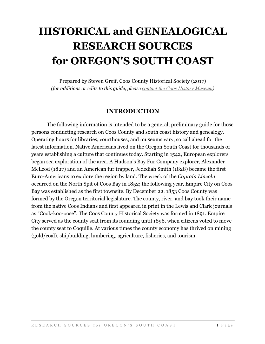 HISTORICAL and GENEALOGICAL RESEARCH SOURCES for OREGON's SOUTH COAST