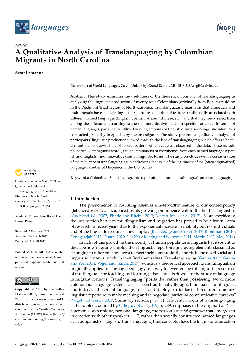 A Qualitative Analysis of Translanguaging by Colombian Migrants in North Carolina