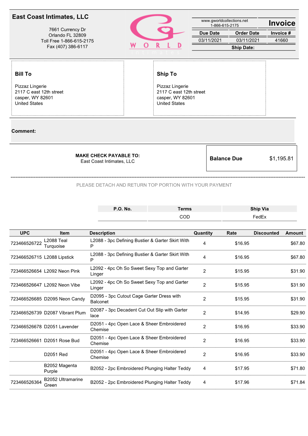 Invoice 7661 Currency Dr Orlando FL 32809 Due Date Order Date Invoice # Toll Free 1-866-615-2175 03/11/2021 03/11/2021 41660 Fax (407) 386-6117 Ship Date