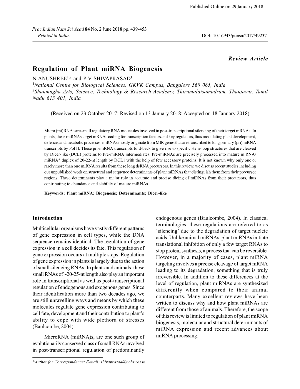 Regulation of Plant Mirna Biogenesis