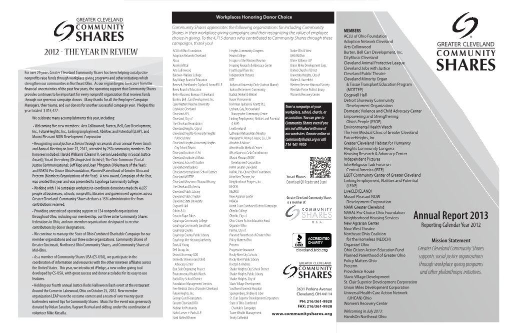 Annual Report 2013 Federations in Ohio, and Non-Member Organizations Designated to Receive New Agrarian Center Contributions by Donor Designations