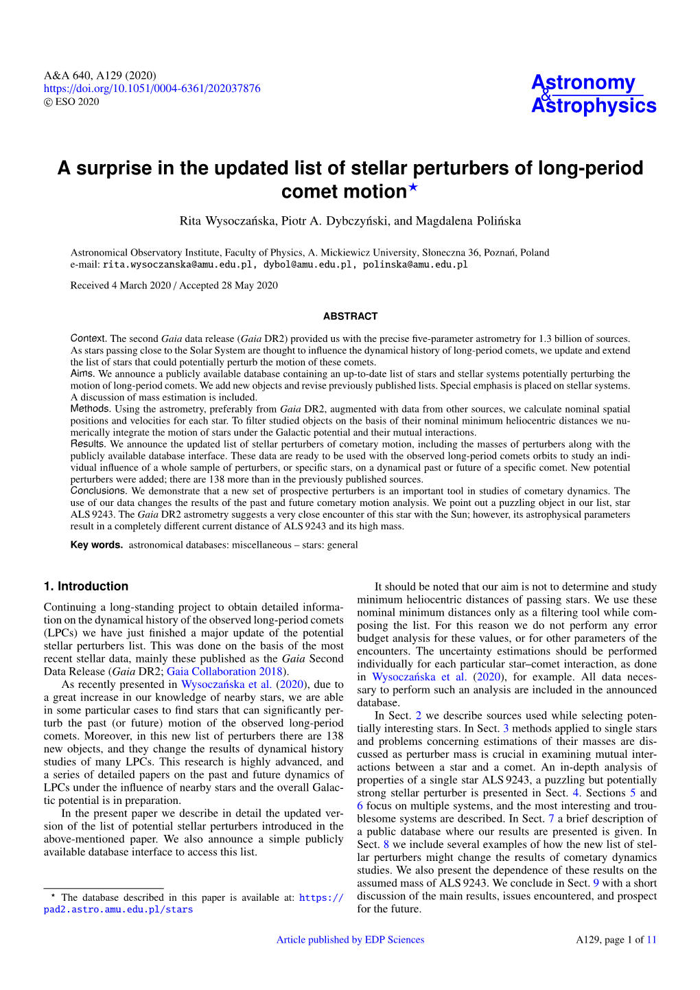 A Surprise in the Updated List of Stellar Perturbers of Long-Period Comet Motion? Rita Wysoczanska,´ Piotr A