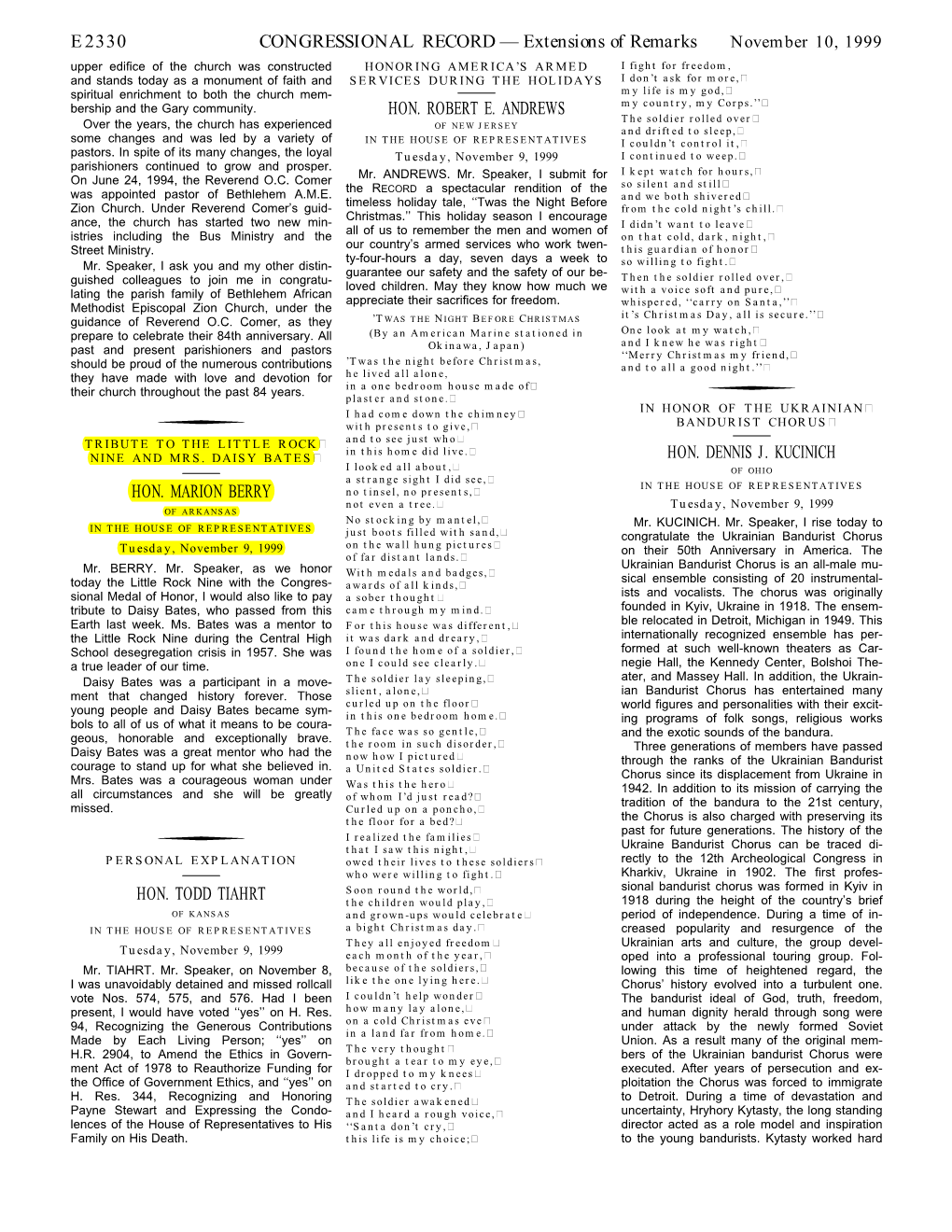 E2330 CONGRESSIONAL RECORD — Extensions of Remarks HON. MARION BERRY HON. TODD TIAHRT HON. ROBERT E. ANDREWS HON. DENNIS J. KU