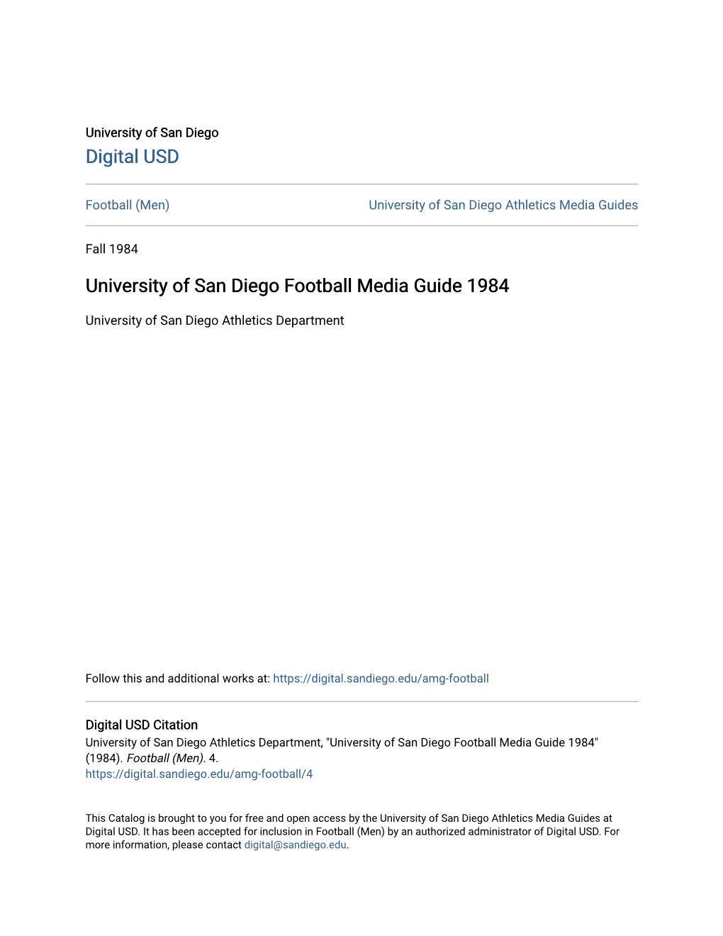 University of San Diego Football Media Guide 1984