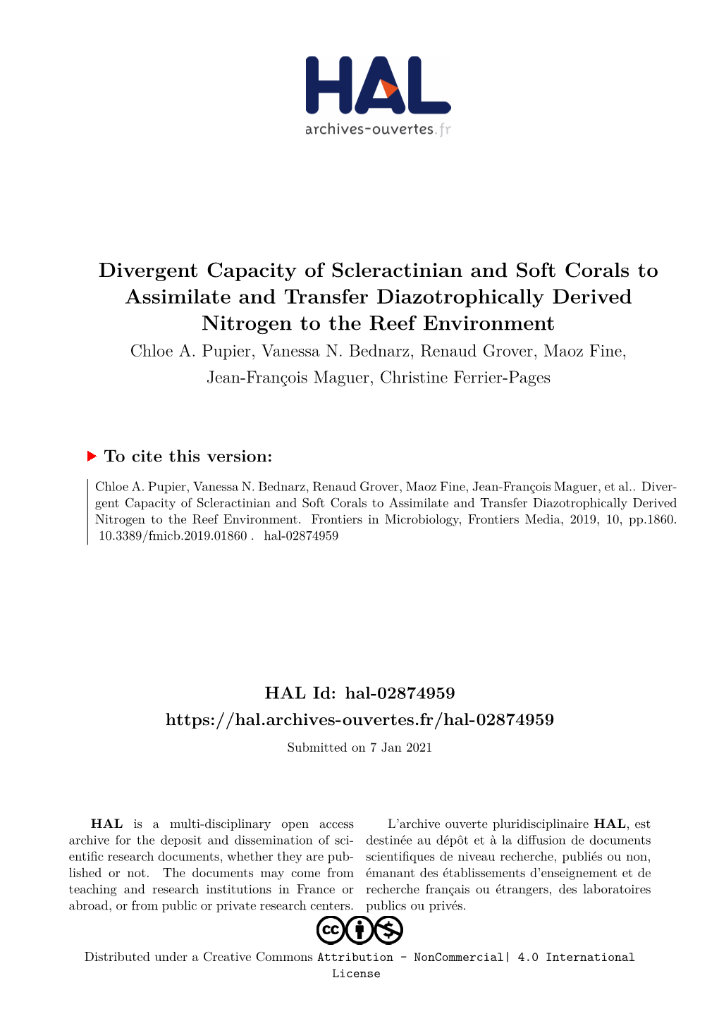 Divergent Capacity of Scleractinian and Soft Corals to Assimilate and Transfer Diazotrophically Derived Nitrogen to the Reef Environment Chloe A