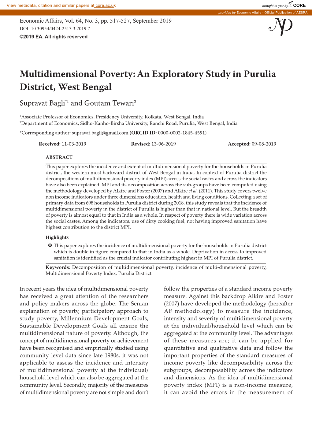 Multidimensional Poverty:An Exploratory Study in Purulia District