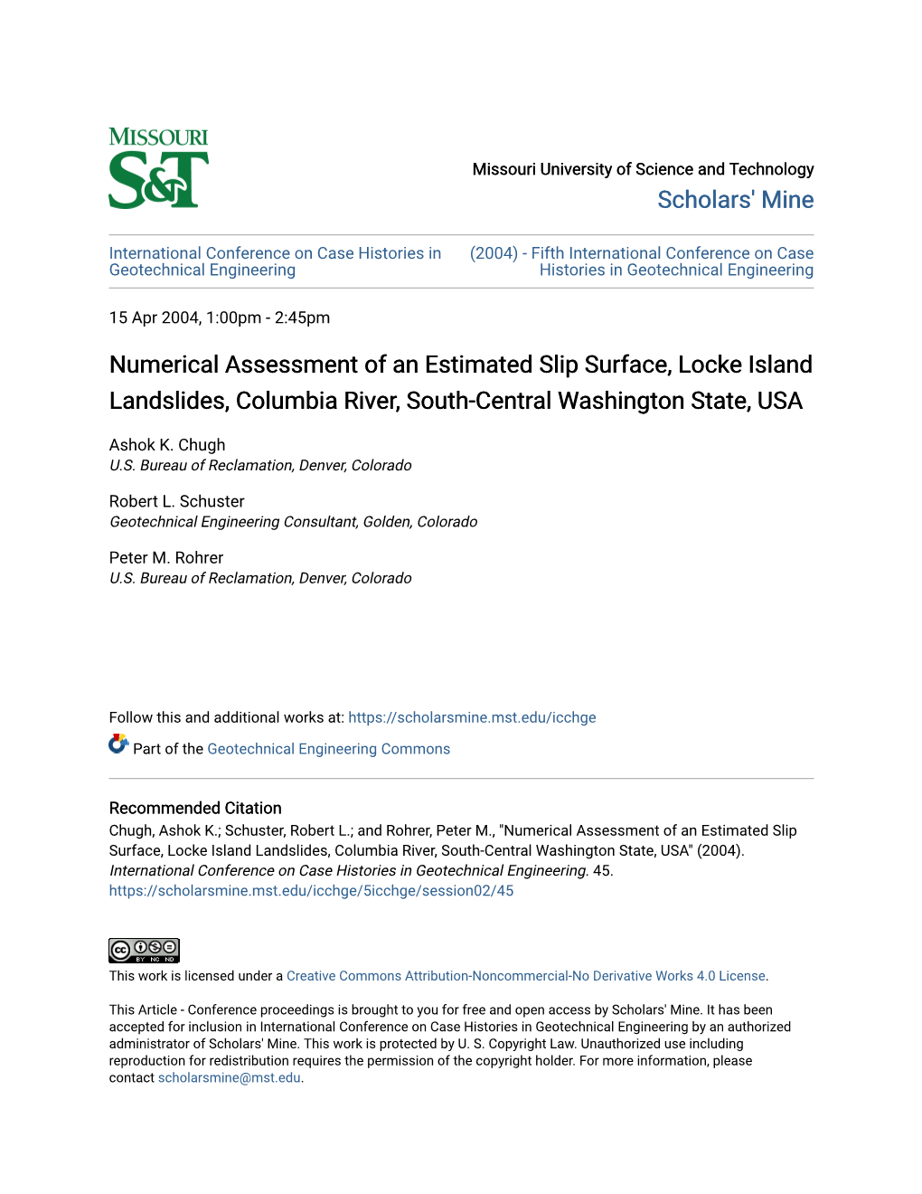 Numerical Assessment of an Estimated Slip Surface, Locke Island Landslides, Columbia River, South-Central Washington State, USA