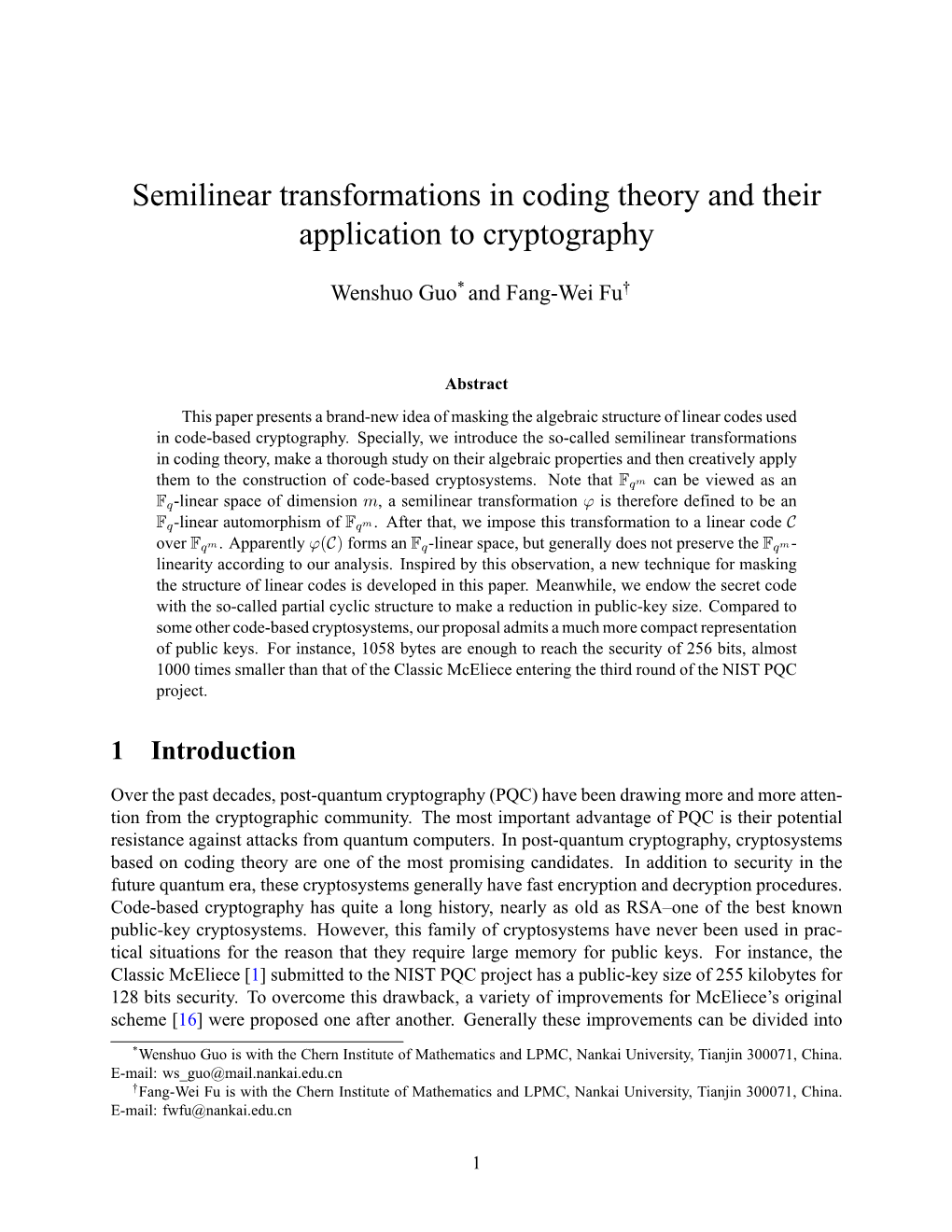 Semilinear Transformations in Coding Theory and Their Application to Cryptography