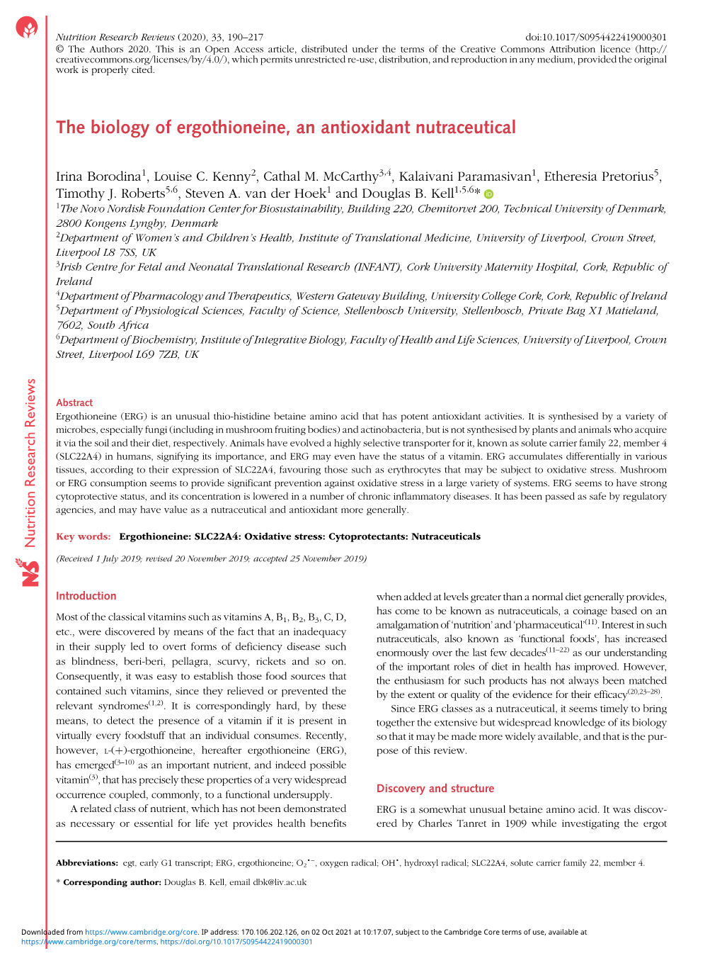 The Biology of Ergothioneine, an Antioxidant Nutraceutical