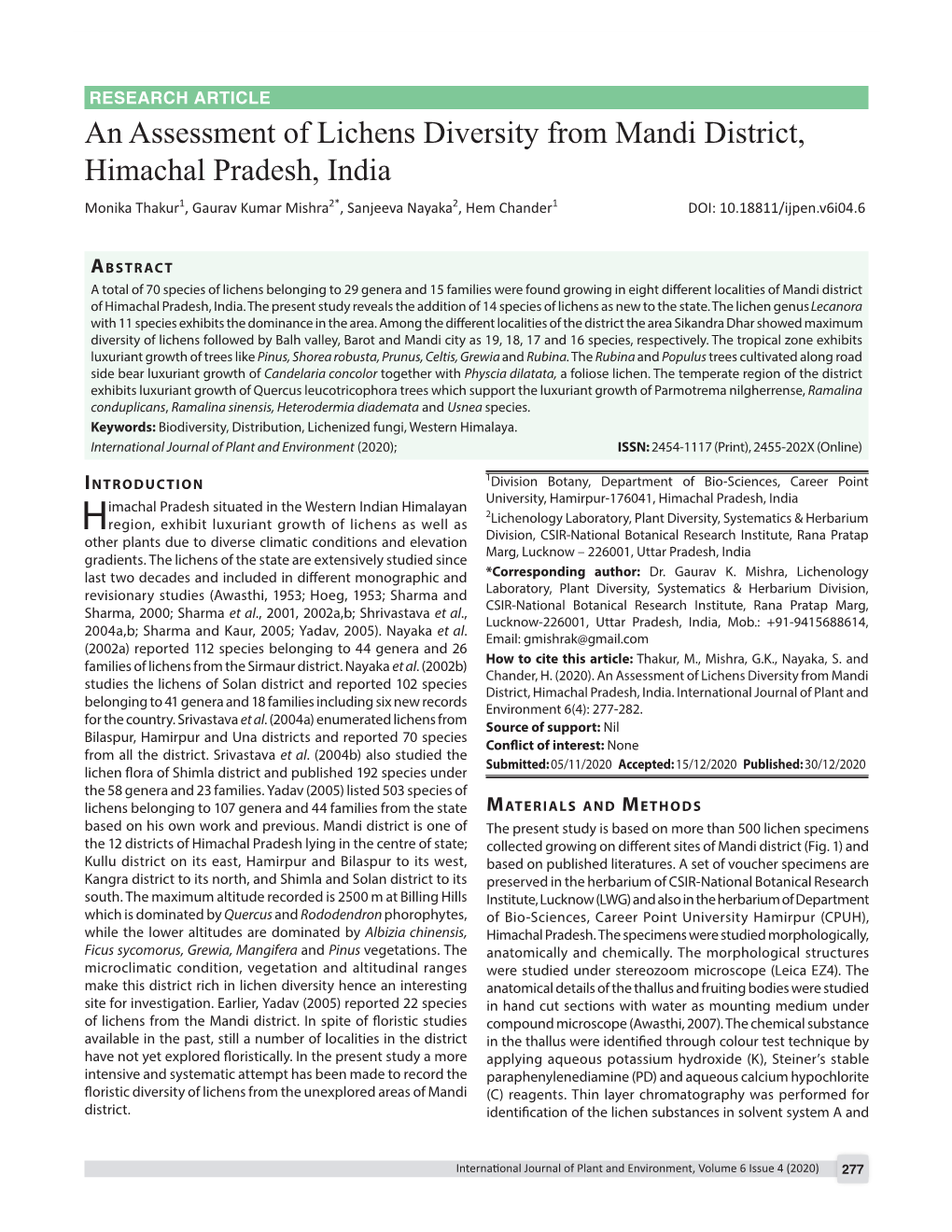 An Assessment of Lichens Diversity from Mandi District, Himachal