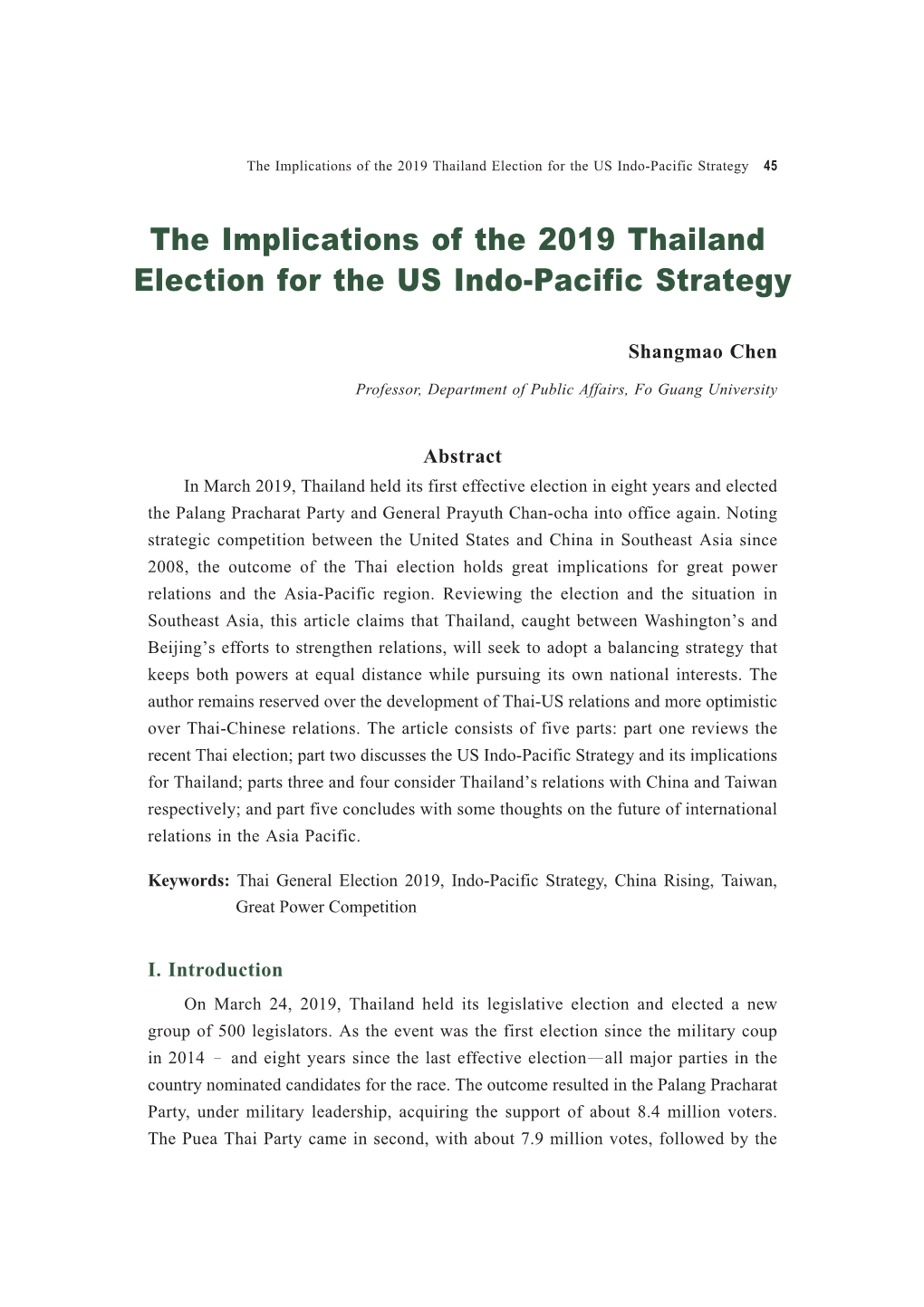 The Implications of the 2019 Thailand Election for the US Indo-Pacific Strategy 45