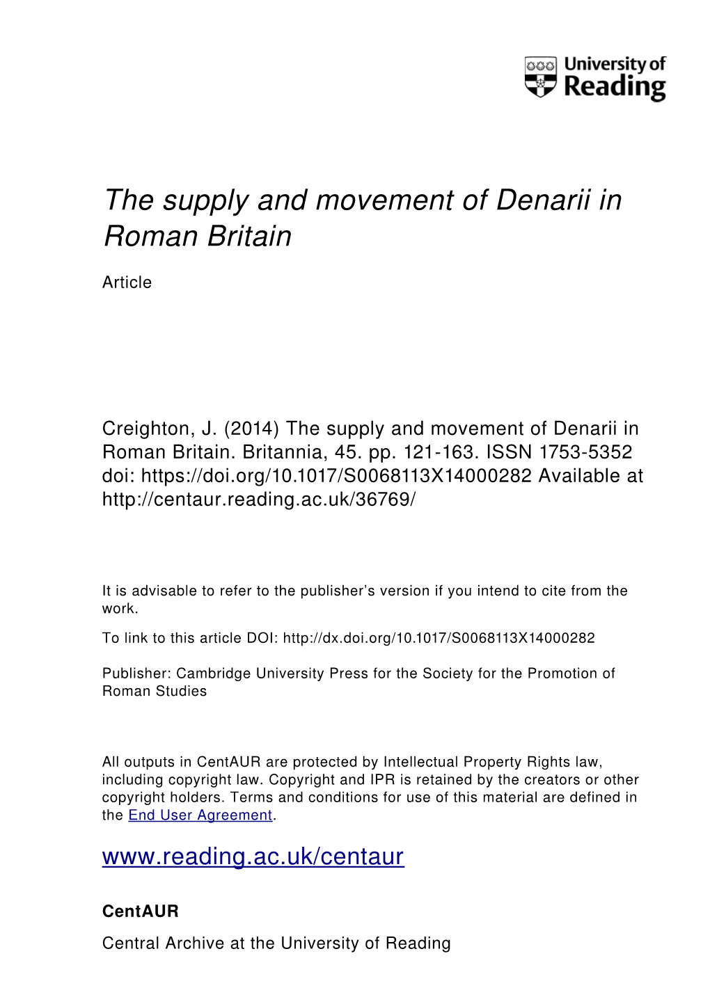 The Supply and Movement of Denarii in Roman Britain