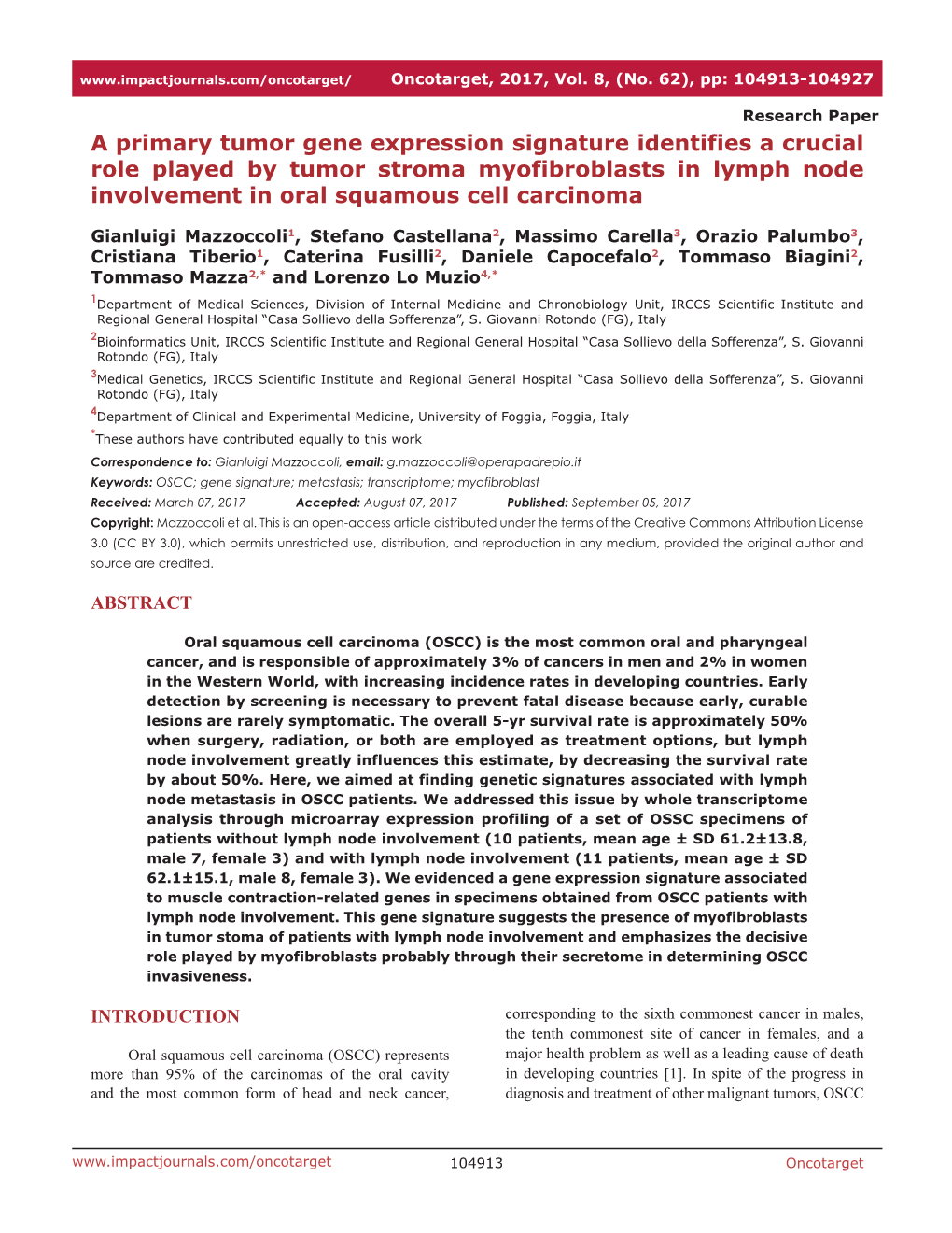 A Primary Tumor Gene Expression Signature Identifies a Crucial Role Played by Tumor Stroma Myofibroblasts in Lymph Node Involvement in Oral Squamous Cell Carcinoma