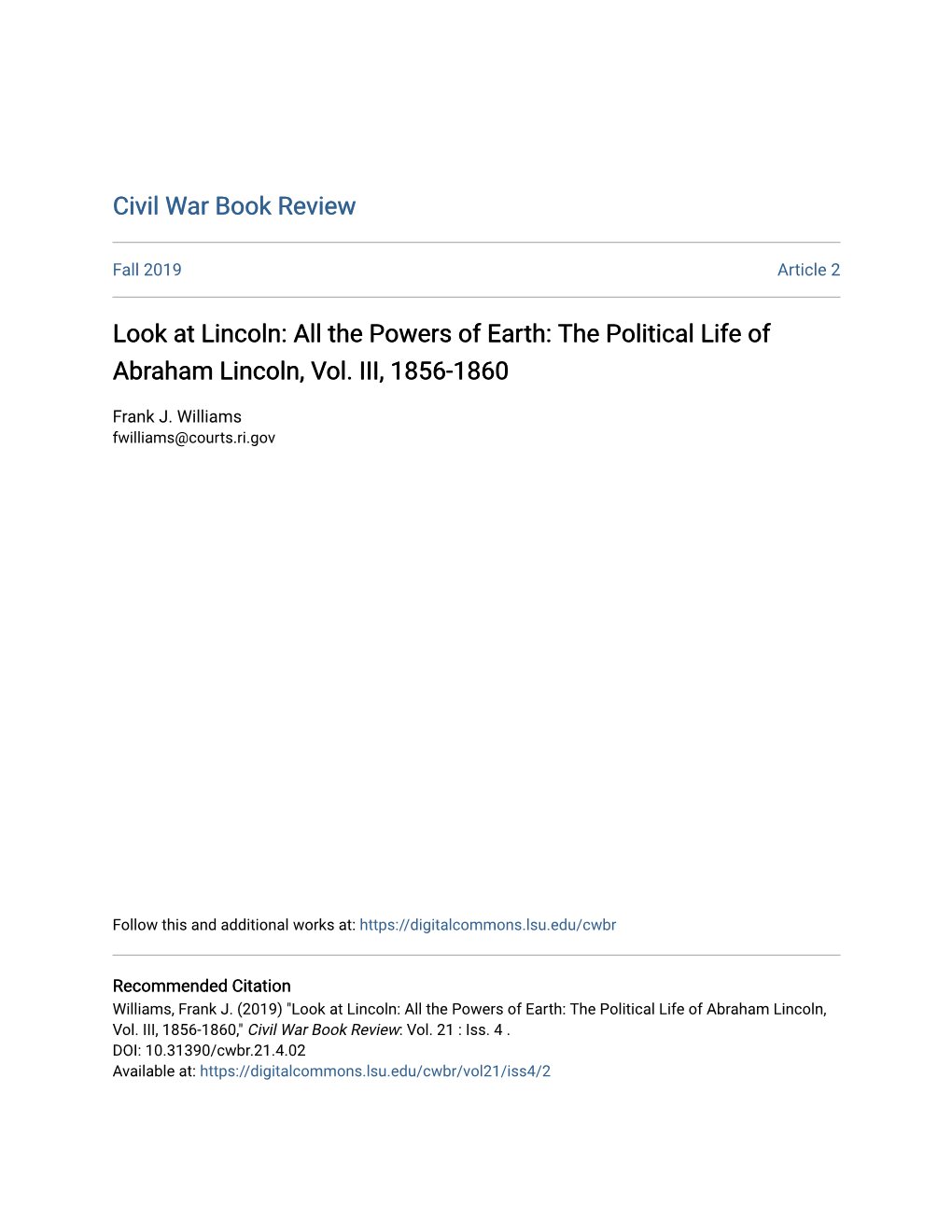 The Powers of Earth: the Political Life of Abraham Lincoln, Vol