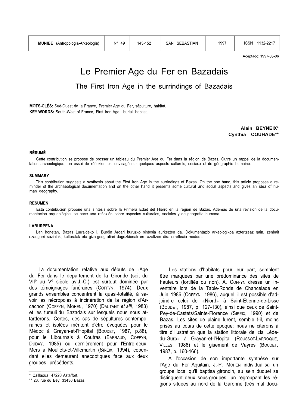 Le Premier Age Du Fer En Bazadais the First Iron Age in the Surrindings of Bazadais