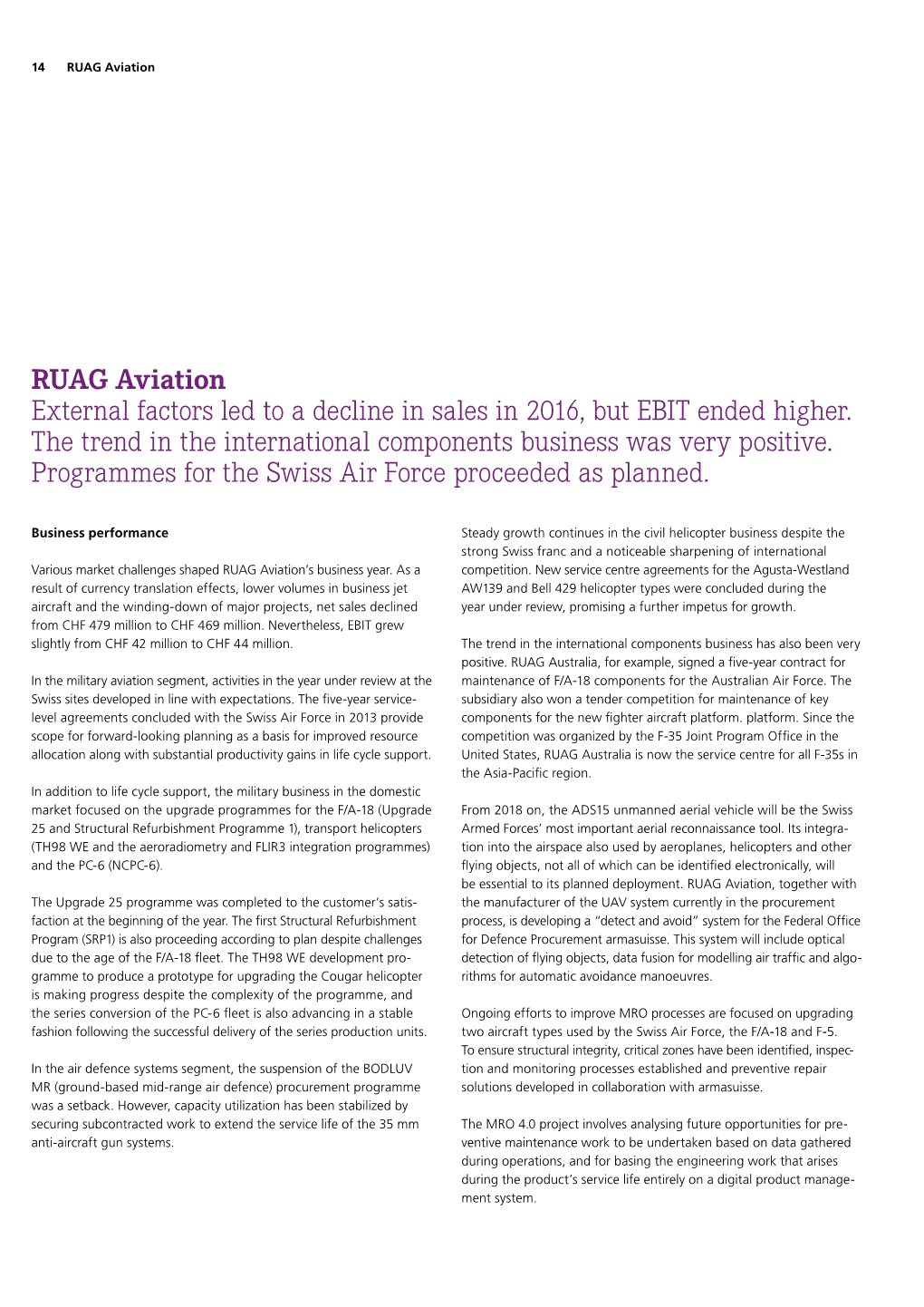 RUAG Aviation External Factors Led to a Decline in Sales in 2016, but EBIT Ended Higher