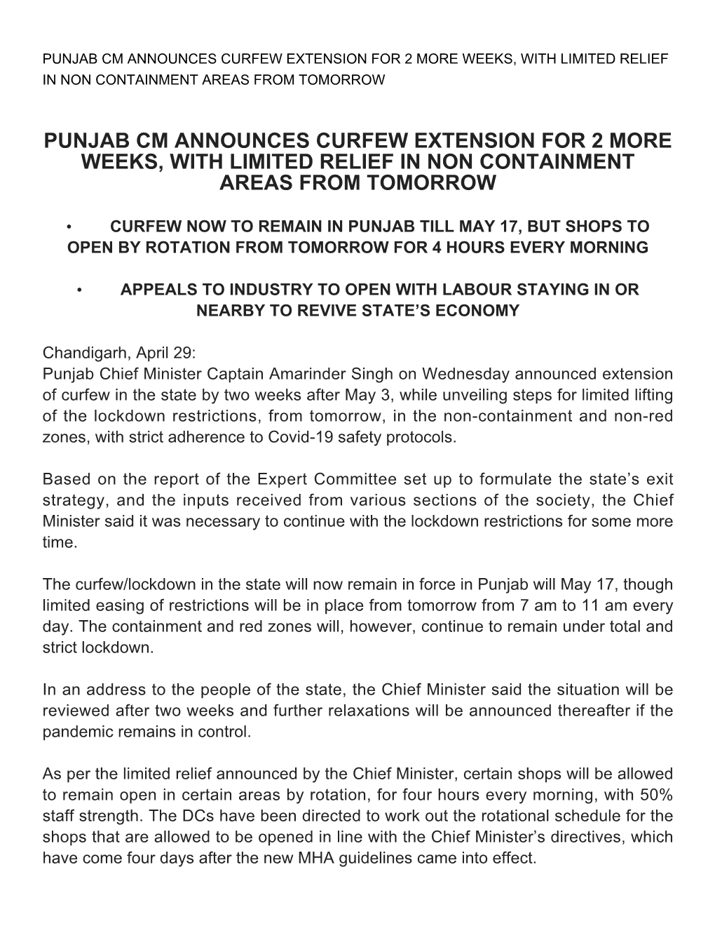 Punjab Cm Announces Curfew Extension for 2 More Weeks, with Limited Relief in Non Containment Areas from Tomorrow