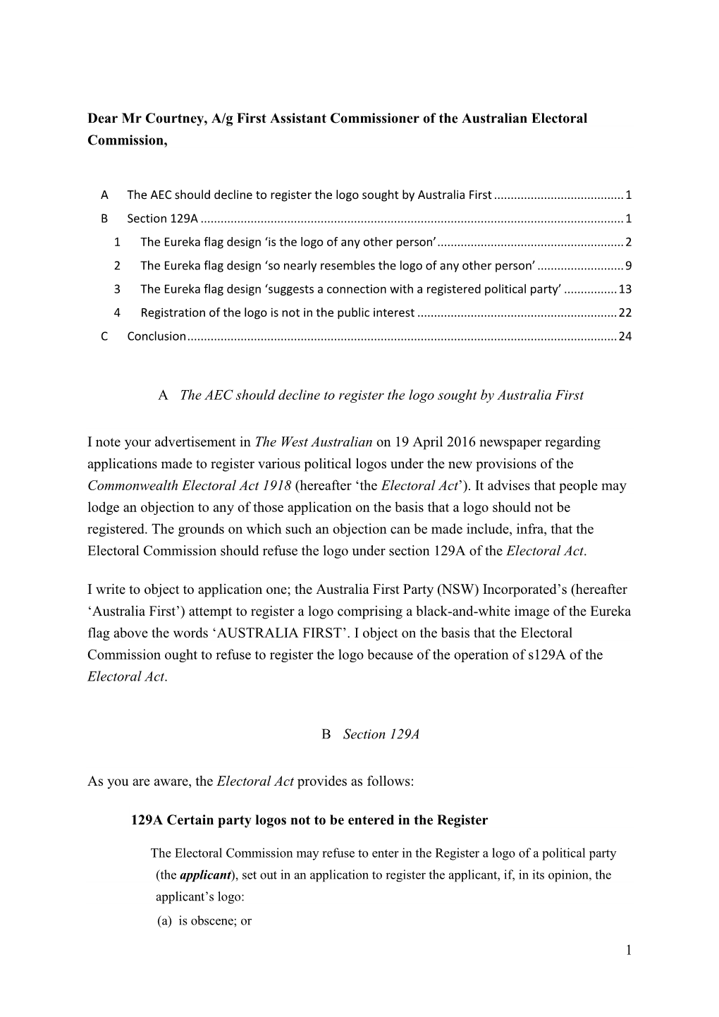 Objection Submitted by Tomas Fitzgerald to the Australia First Party