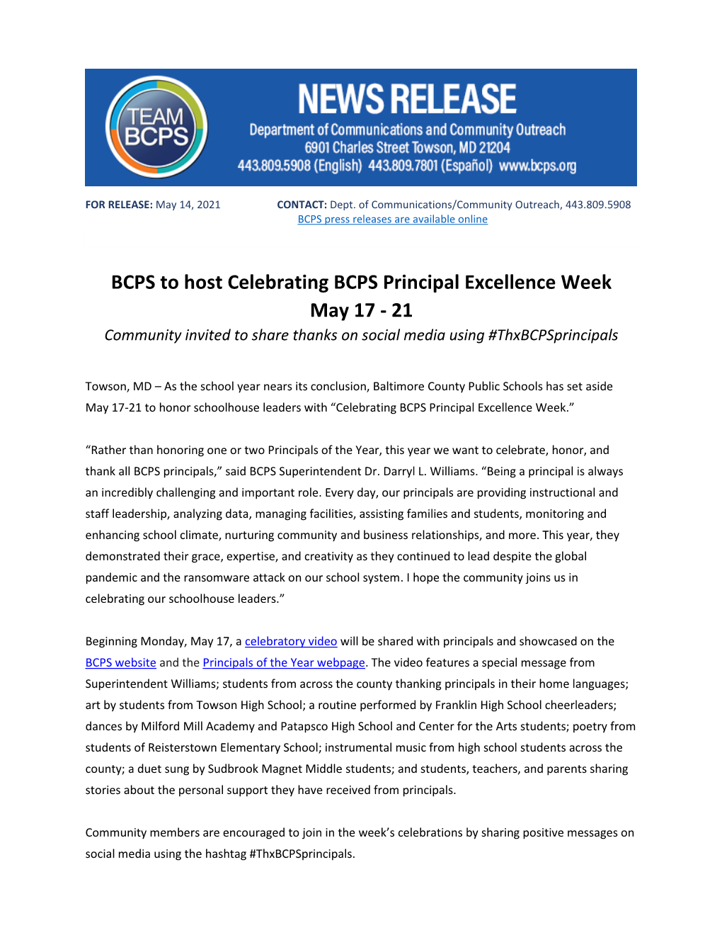 BCPS to Host Celebrating BCPS Principal Excellence Week May 17 - 21 Community Invited to Share Thanks on Social Media Using #Thxbcpsprincipals