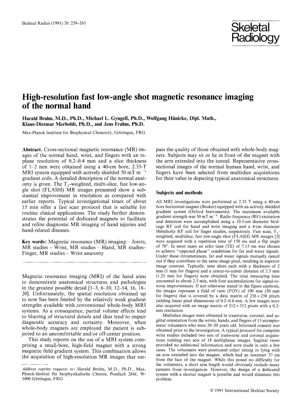 High-Resolution Fast Low-Angle Shot Magnetic Resonance Imaging of the Normal Hand