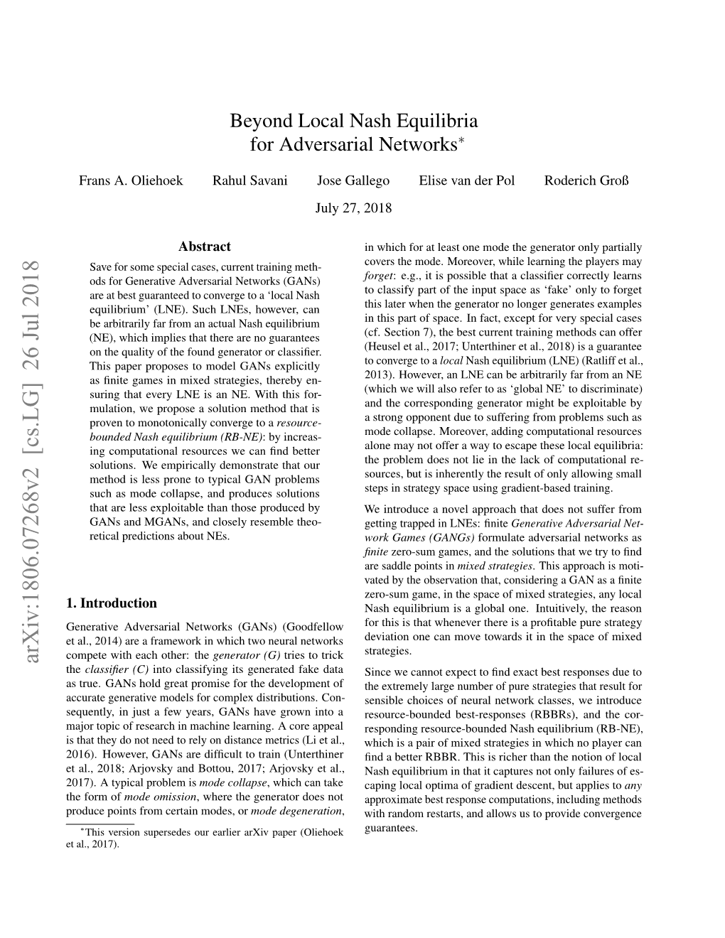 Beyond Local Nash Equilibria for Adversarial Networks∗