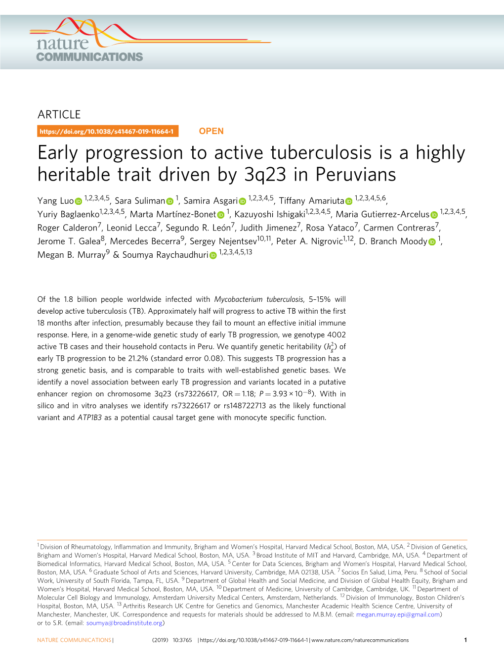 Early Progression to Active Tuberculosis Is a Highly Heritable Trait Driven by 3Q23 in Peruvians