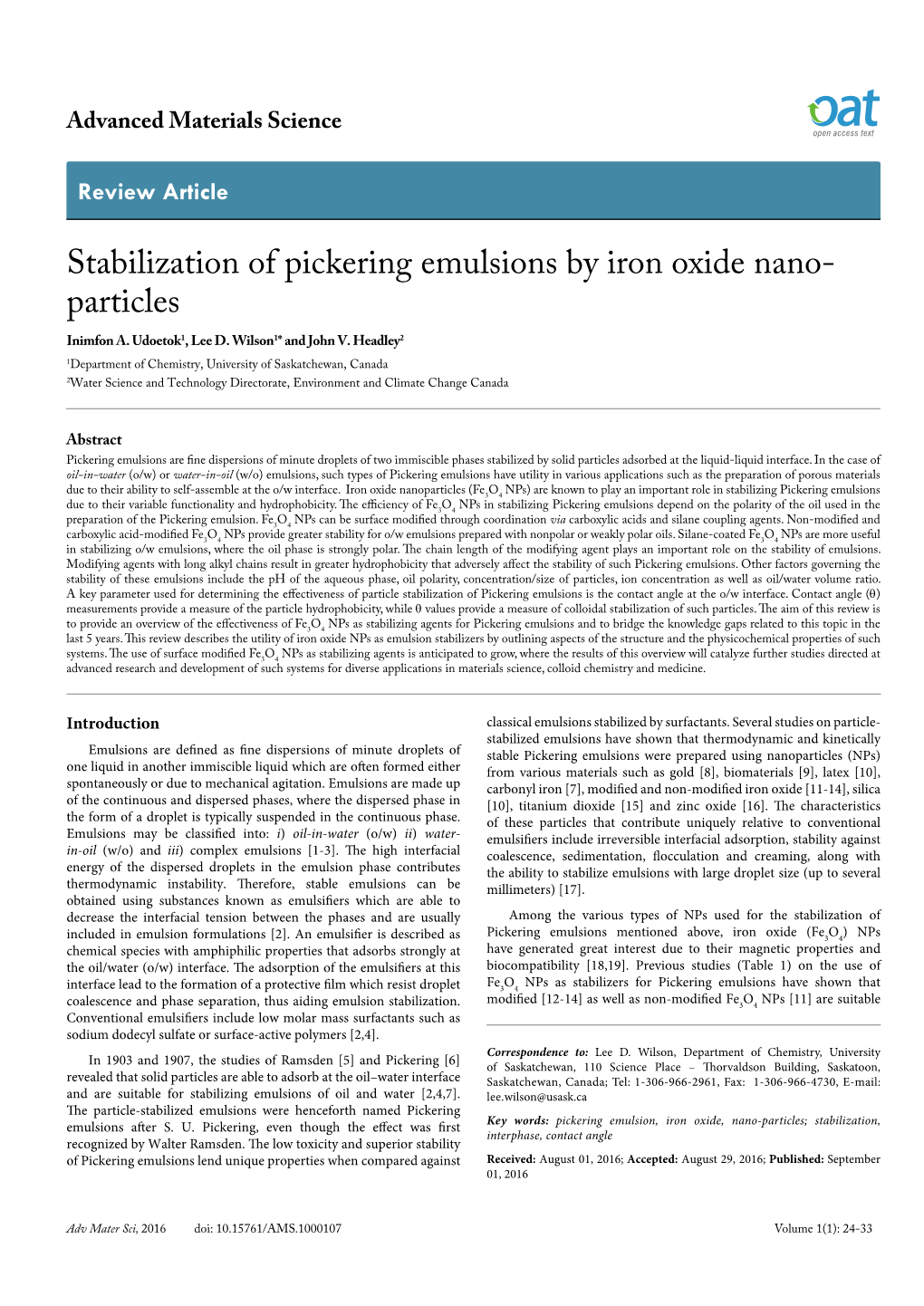 Stabilization of Pickering Emulsions by Iron Oxide Nano- Particles Inimfon A