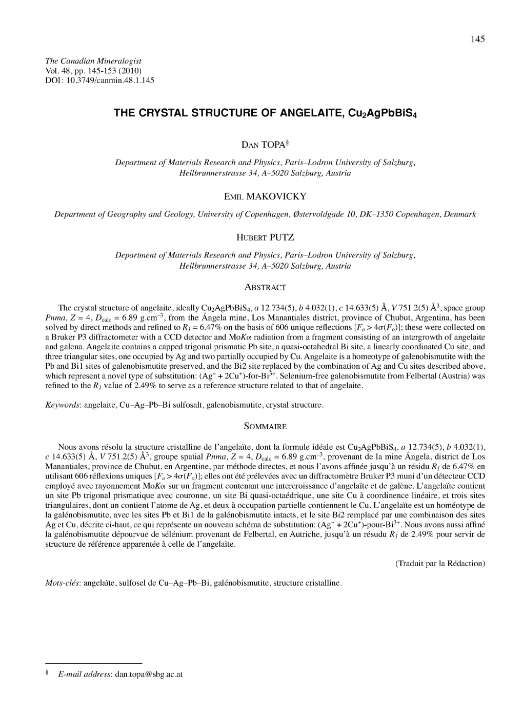 THE CRYSTAL STRUCTURE of ANGELAITE, Cu2agpbbis4