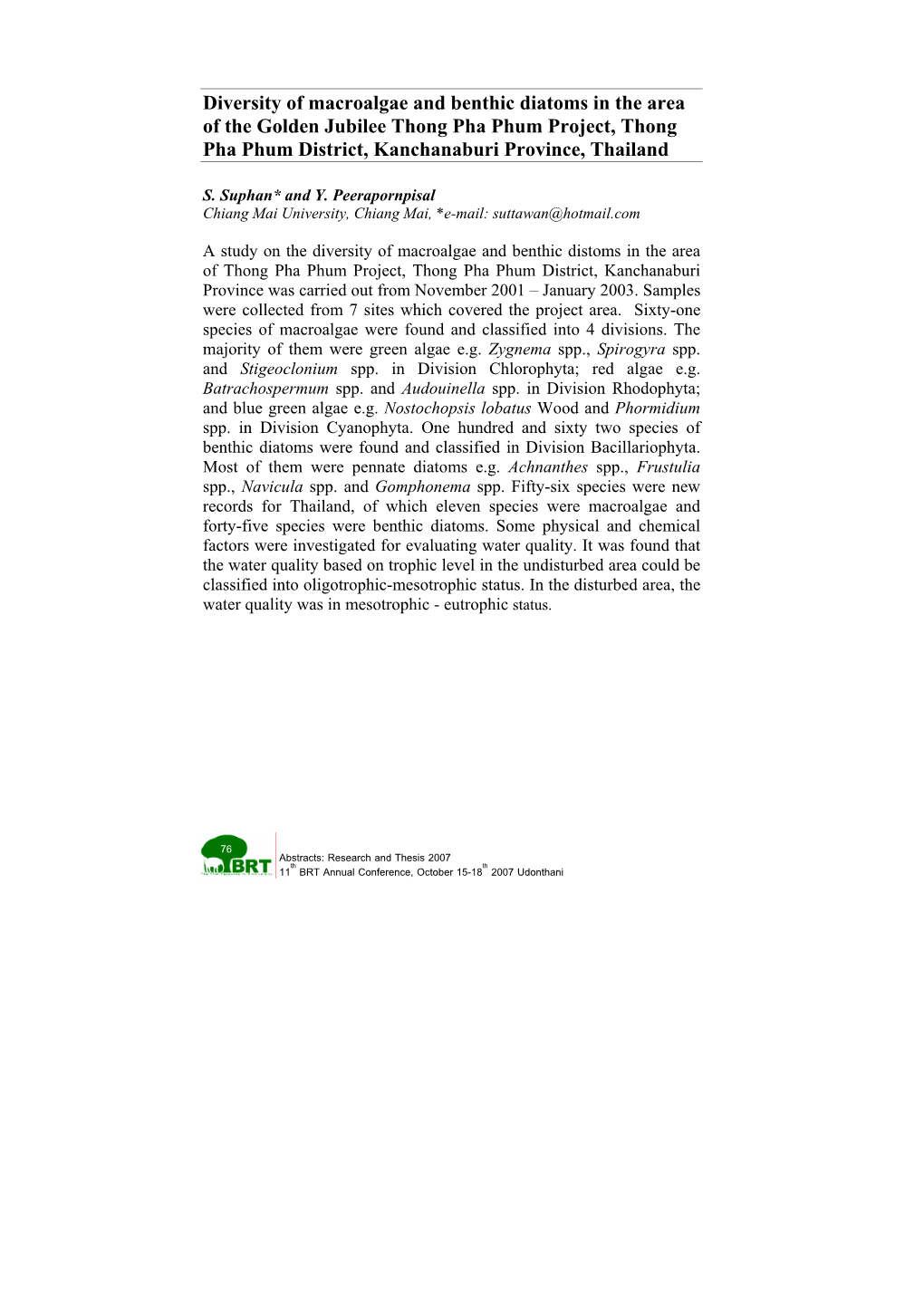 Diversity of Macroalgae and Benthic Diatoms in the Area of the Golden Jubilee Thong Pha Phum Project, Thong Pha Phum District, Kanchanaburi Province, Thailand