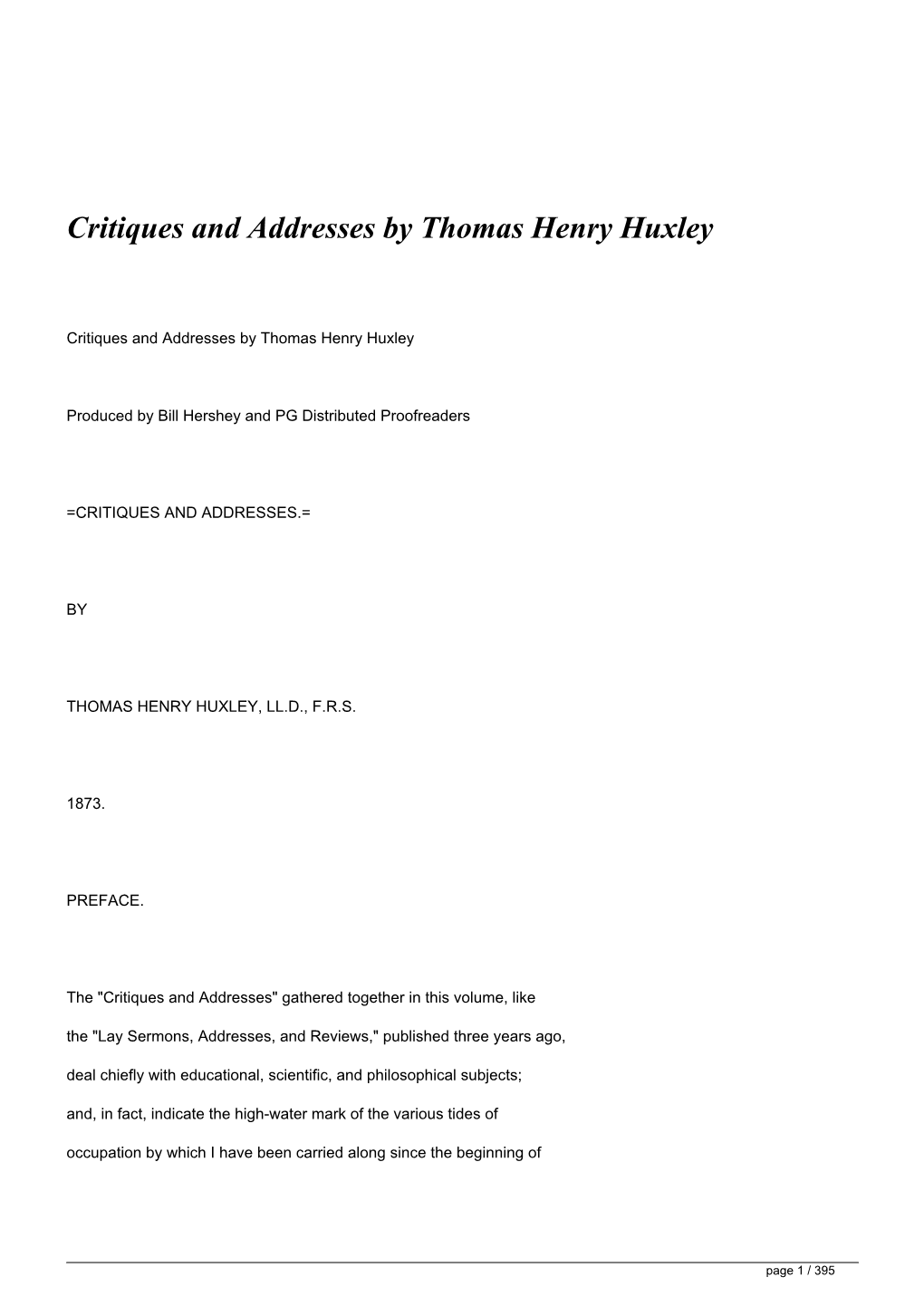 Critiques and Addresses by Thomas Henry Huxley&lt;/H1&gt;