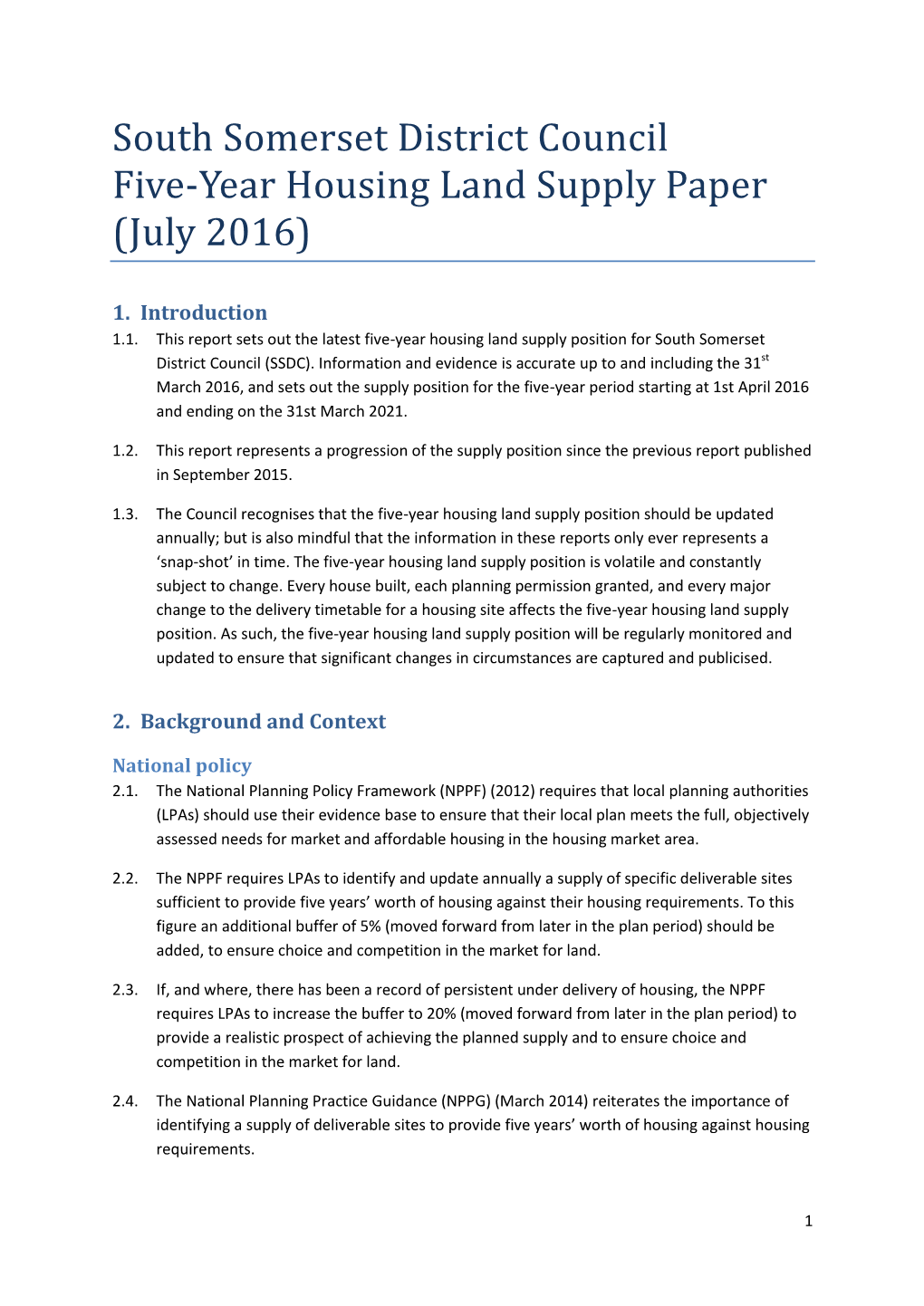 South Somerset District Council Five-Year Housing Land Supply Paper (July 2016)