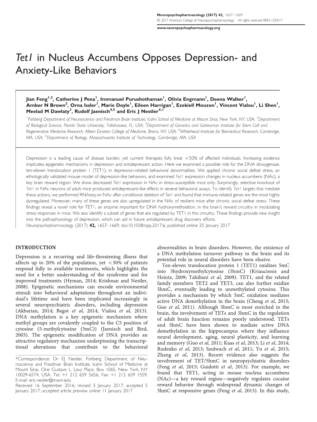 Tet1 in Nucleus Accumbens Opposes Depression- and Anxiety-Like Behaviors