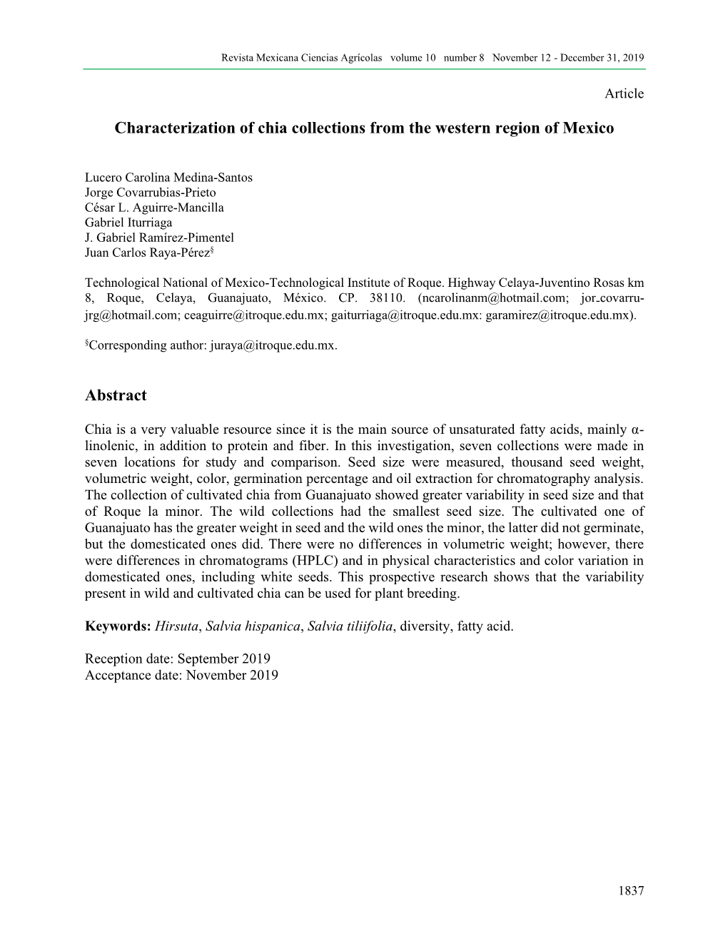 Characterization of Chia Collections from the Western Region of Mexico