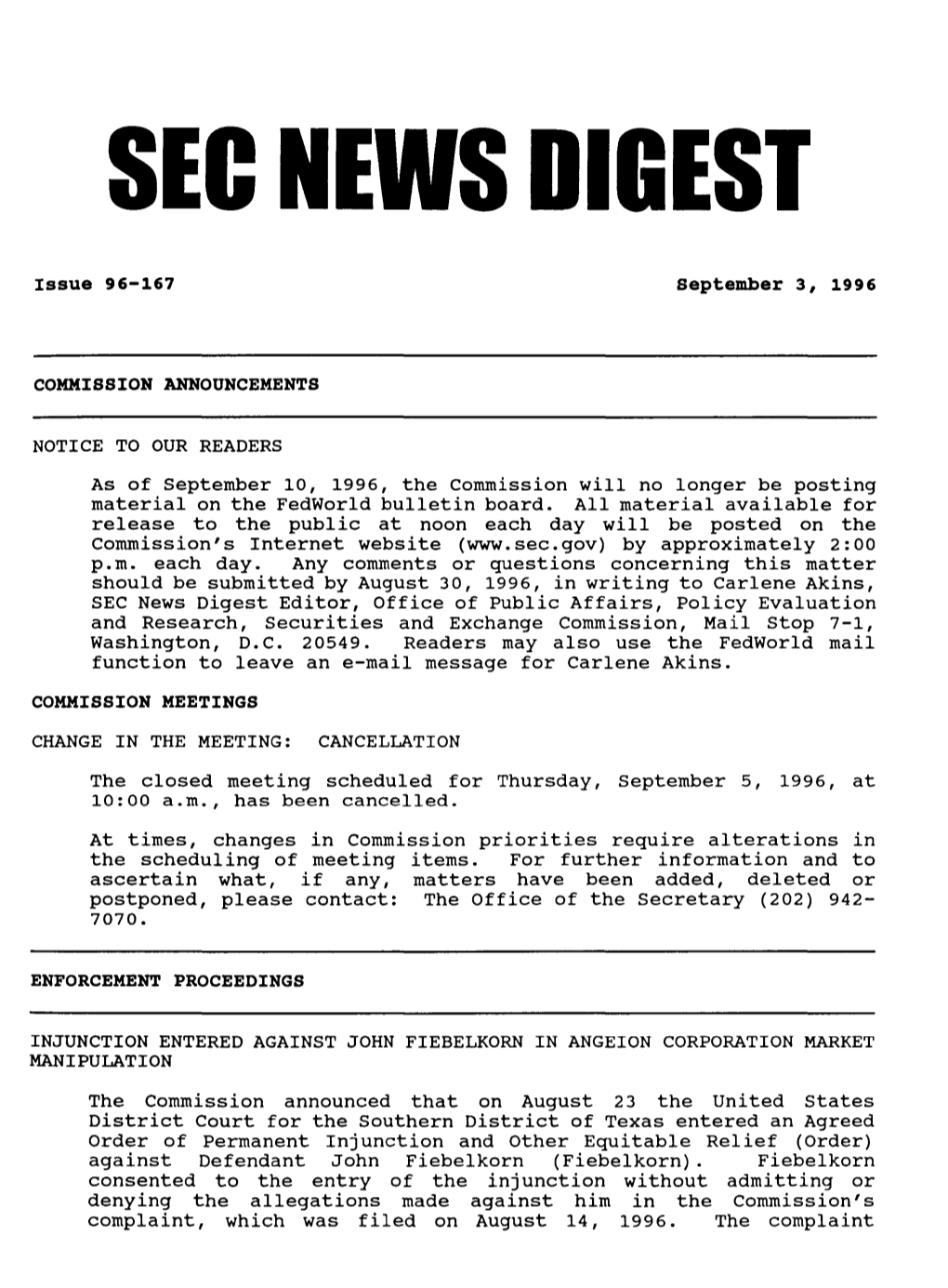 SEC News Digest, 09-03-1996