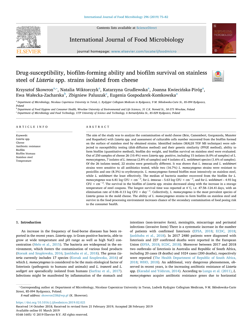 International Journal of Food Microbiology 296 (2019) 75–82