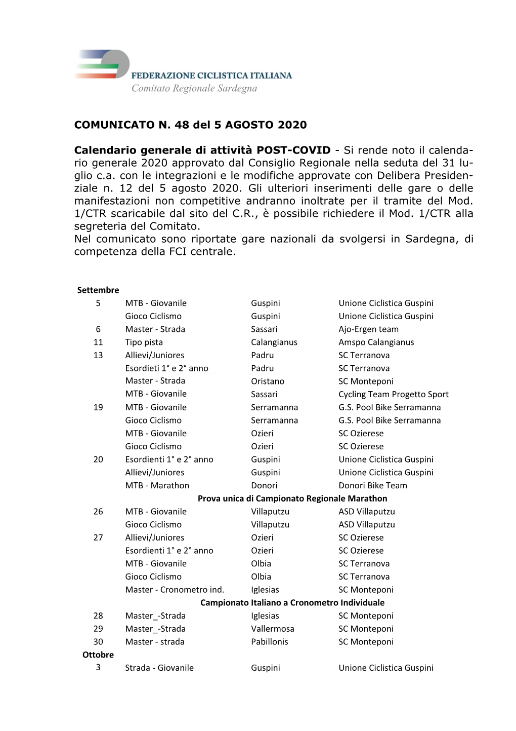 Comitato Regionale Sardegna COMUNICATO N. 48 Del 5