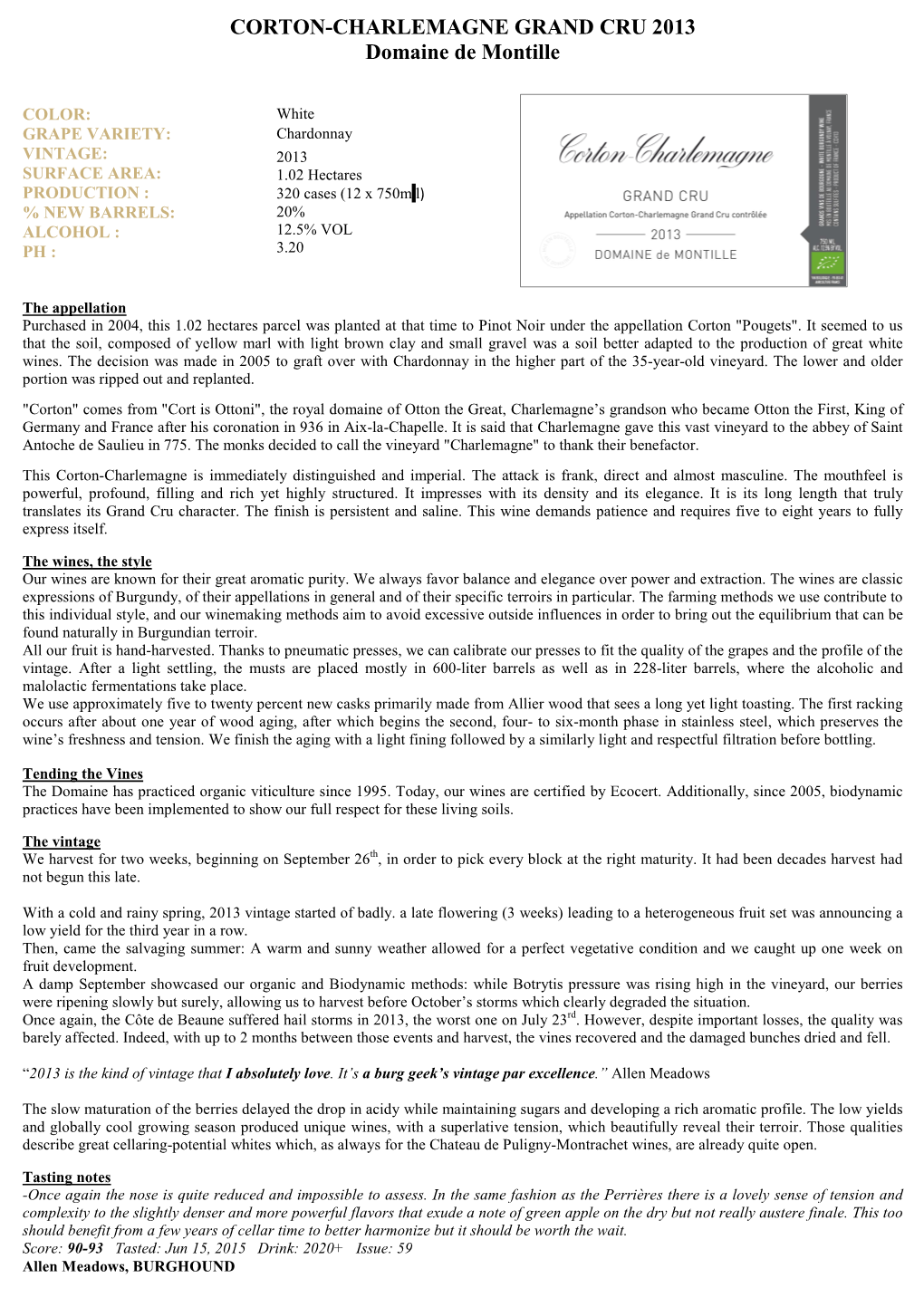 CORTON-CHARLEMAGNE GRAND CRU 2013 Domaine De Montille