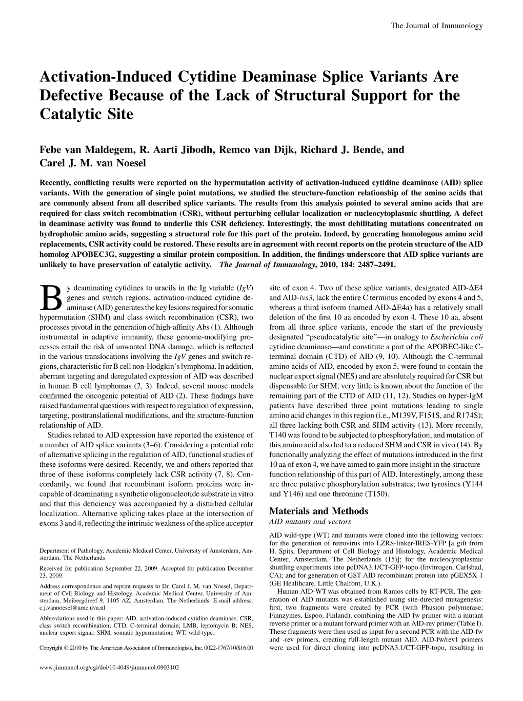 Activation-Induced Cytidine Deaminase Splice Variants Are Defective Because of the Lack of Structural Support for the Catalytic Site