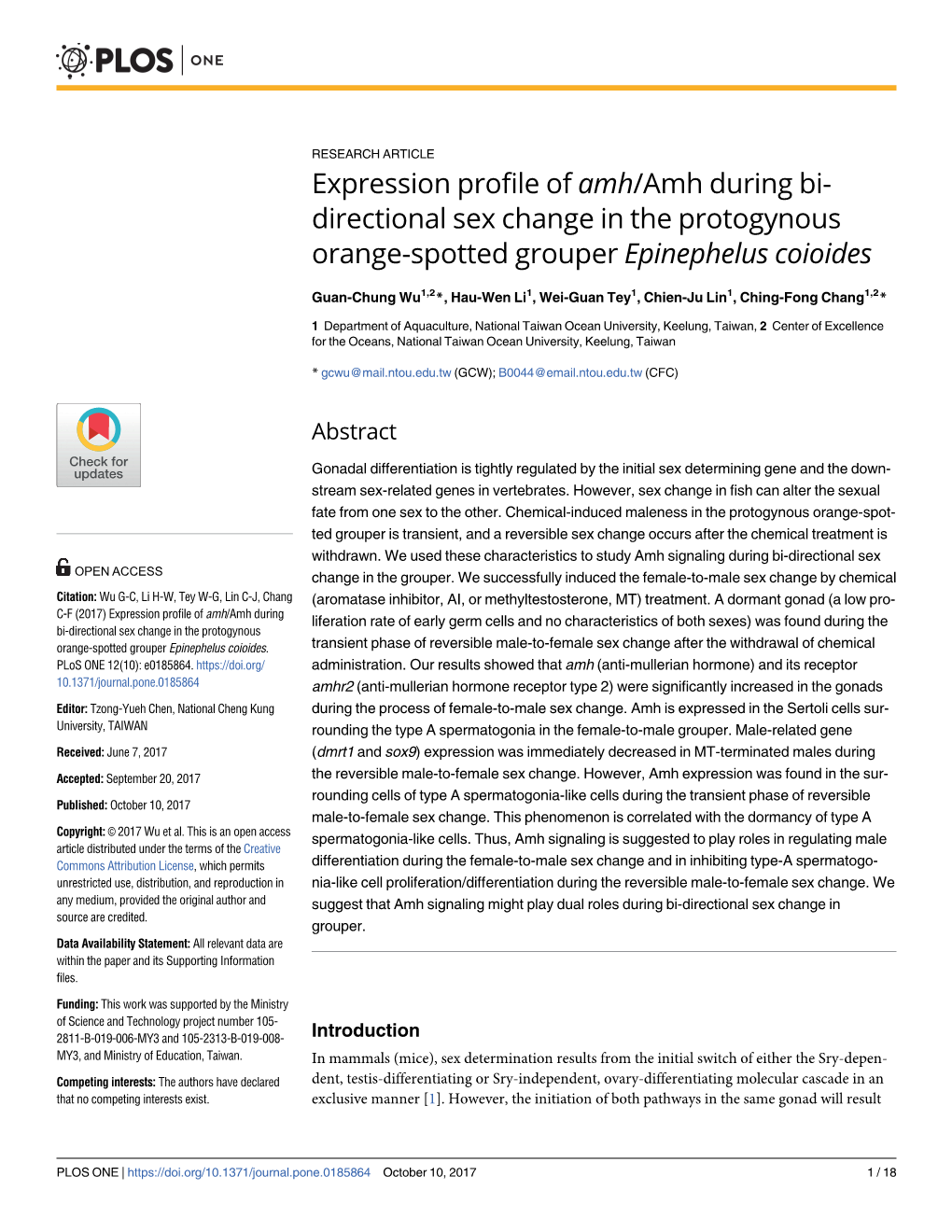 Expression Profile of Amh/Amh During Bi-Directional Sex Change in The