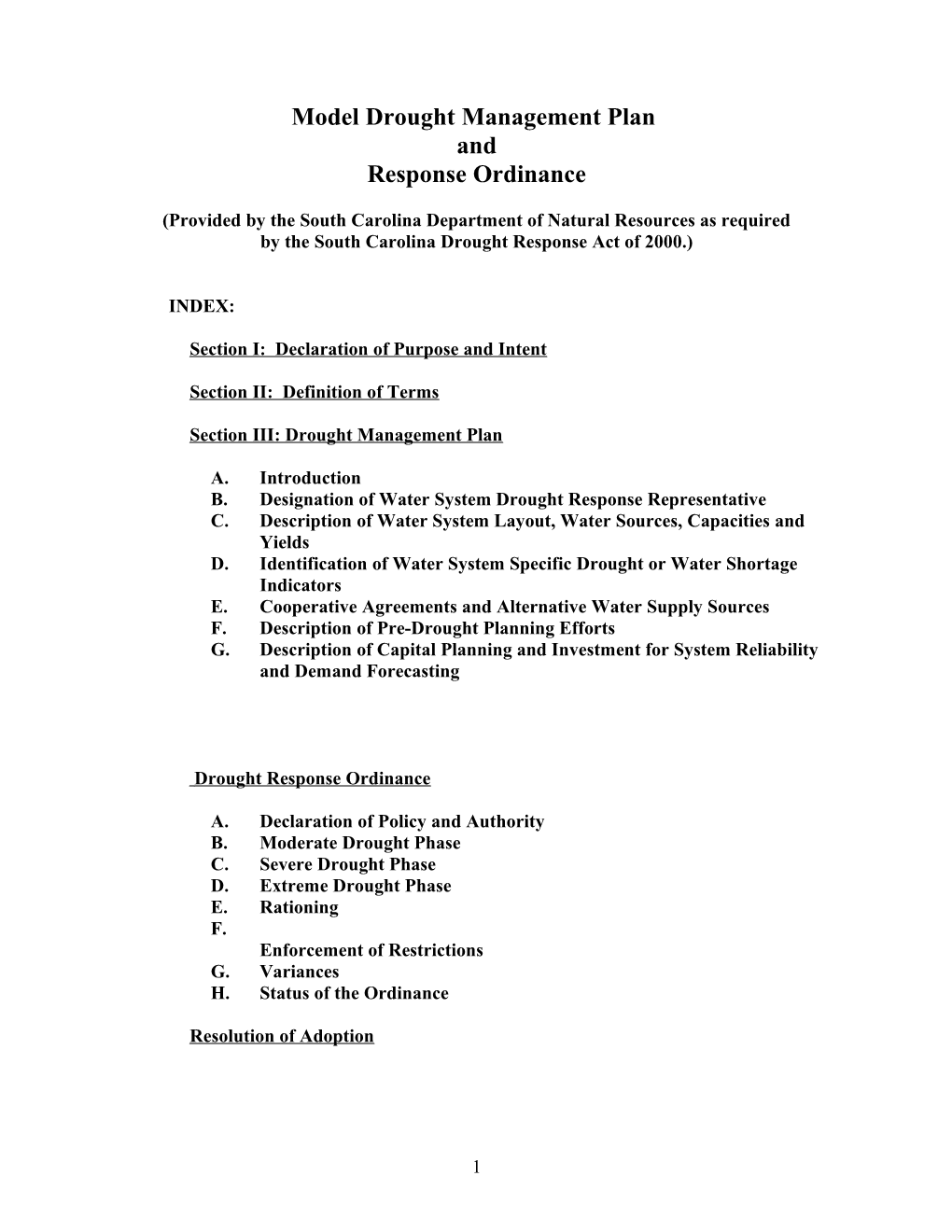 Model Drought Management Plan and Response Ordinance