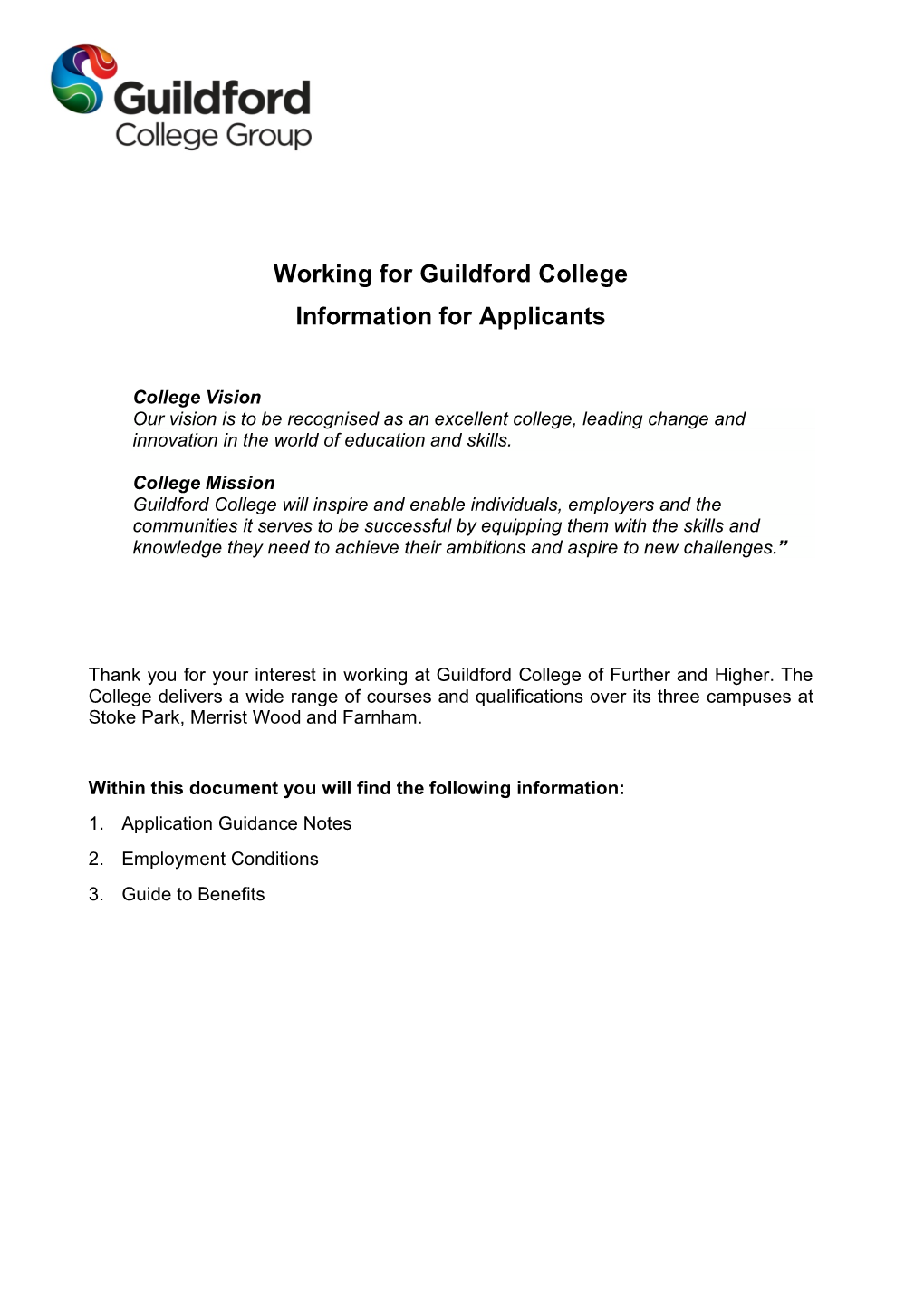 Working for Guildford College Information for Applicants
