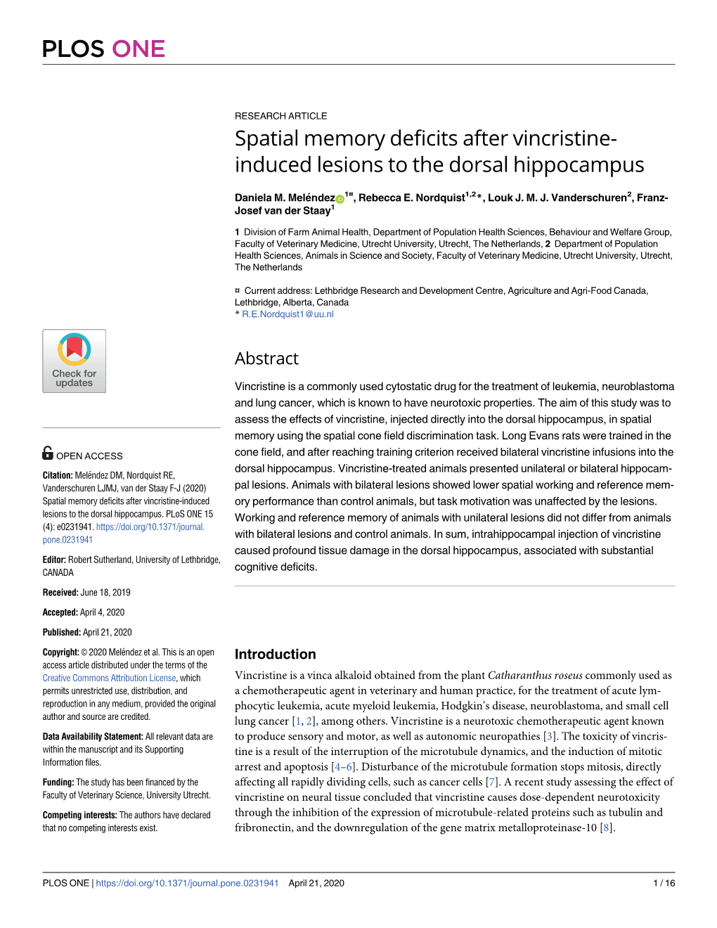 Spatial Memory Deficits After Vincristine- Induced Lesions to the Dorsal Hippocampus