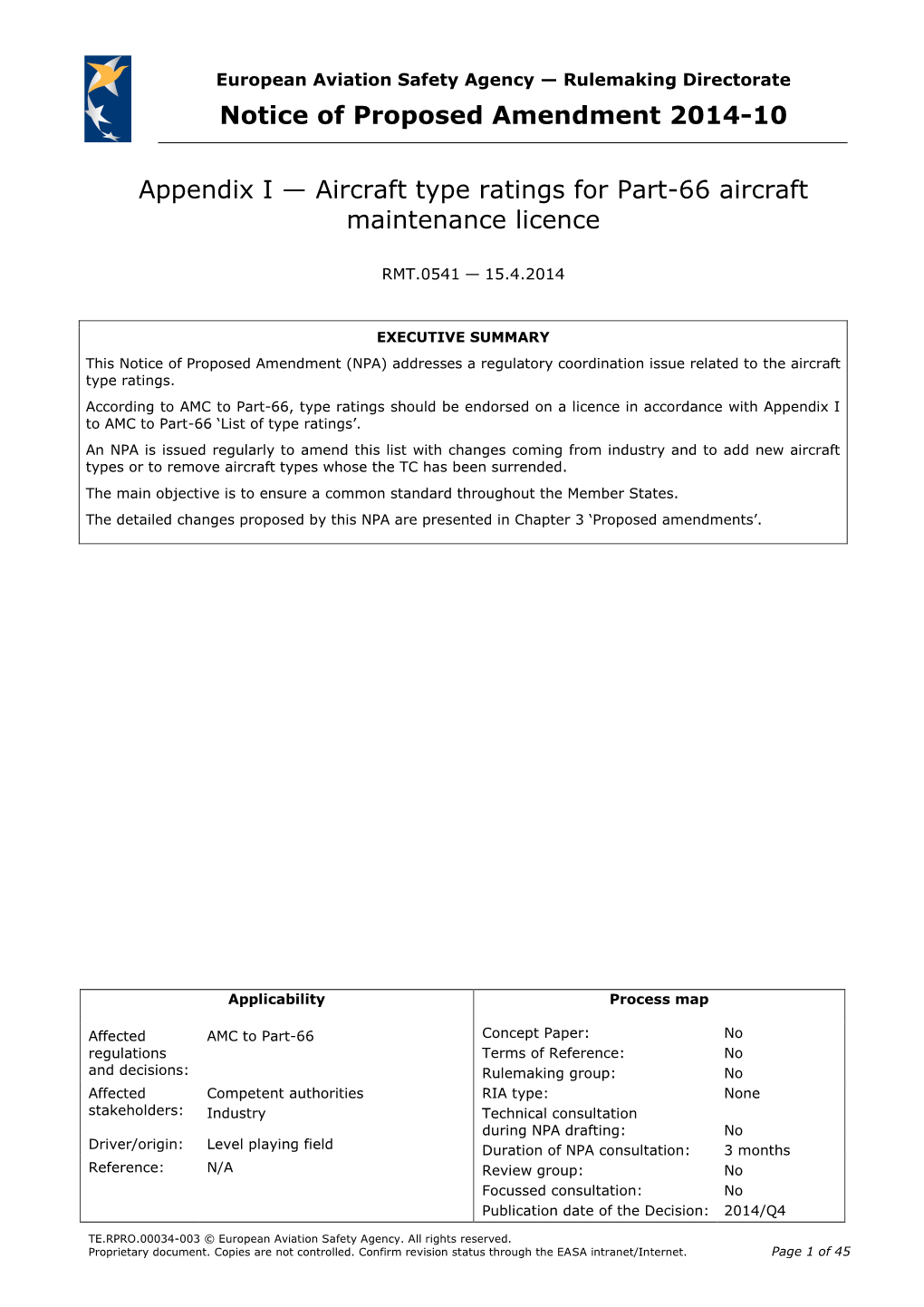 Notice of Proposed Amendment 2014-10 Appendix I — Aircraft Type