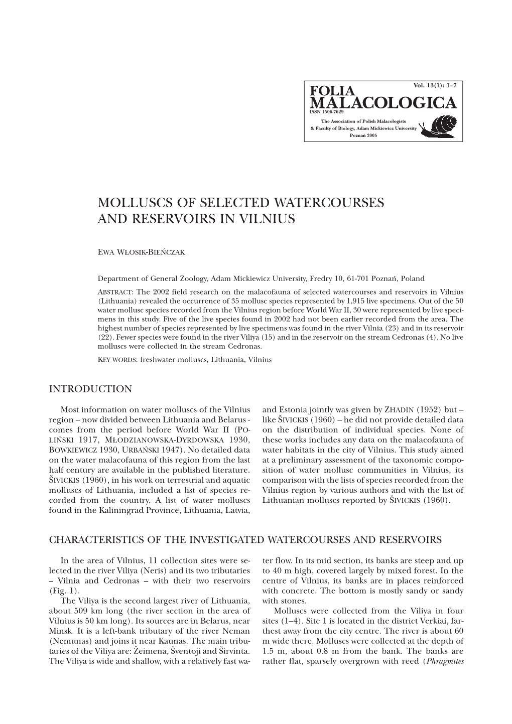 Molluscs of Selected Watercourses and Reservoirs in Vilnius