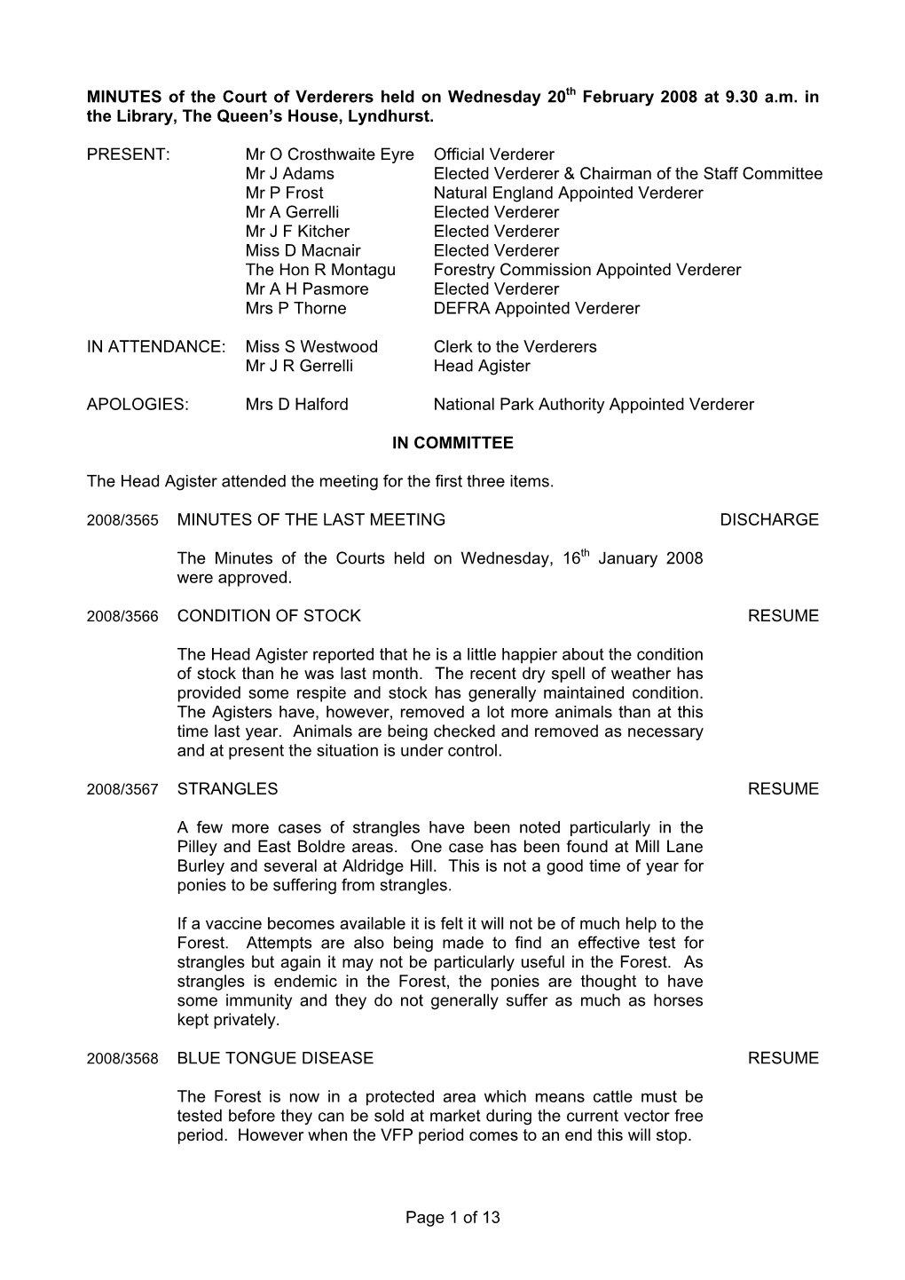 MINUTES of the Court of Verderers Held on 20Th February 2008