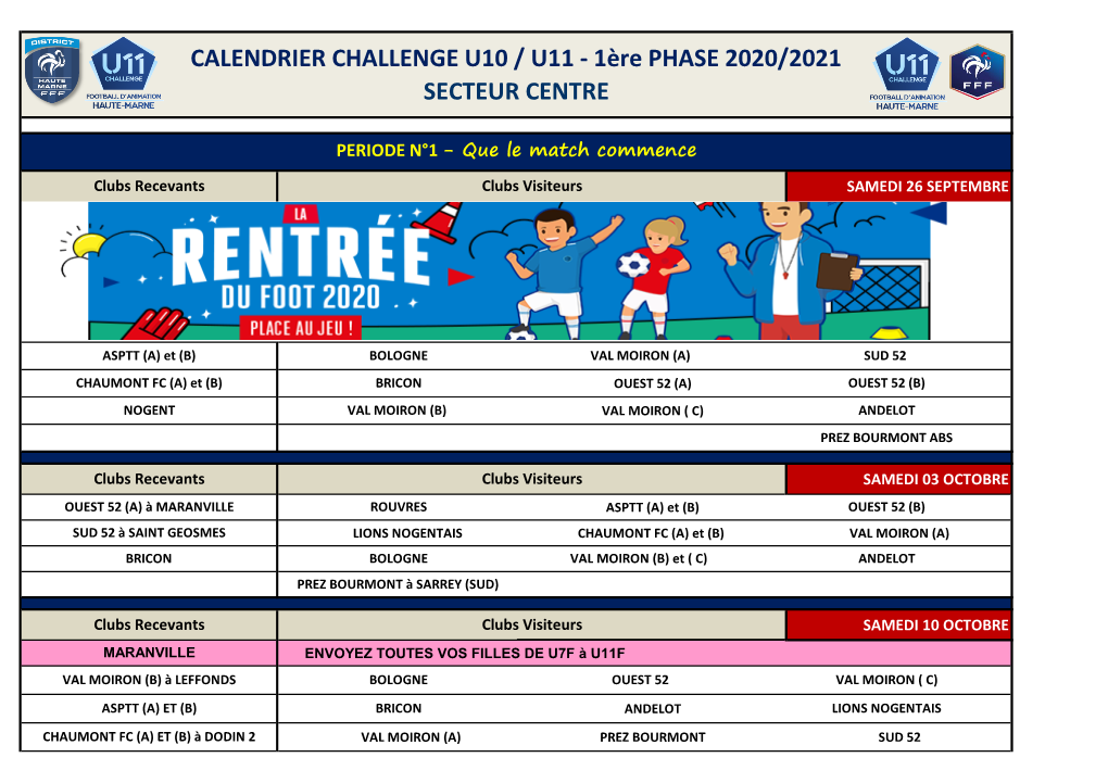 CALENDRIER CHALLENGE U10 / U11 - 1Ère PHASE 2020/2021 SECTEUR CENTRE