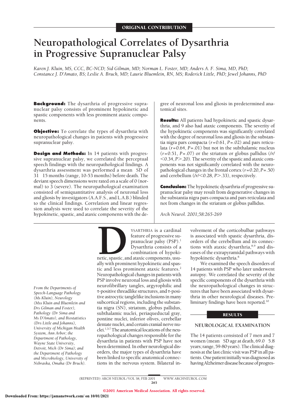 Neuropathological Correlates of Dysarthria in Progressive Supranuclear Palsy