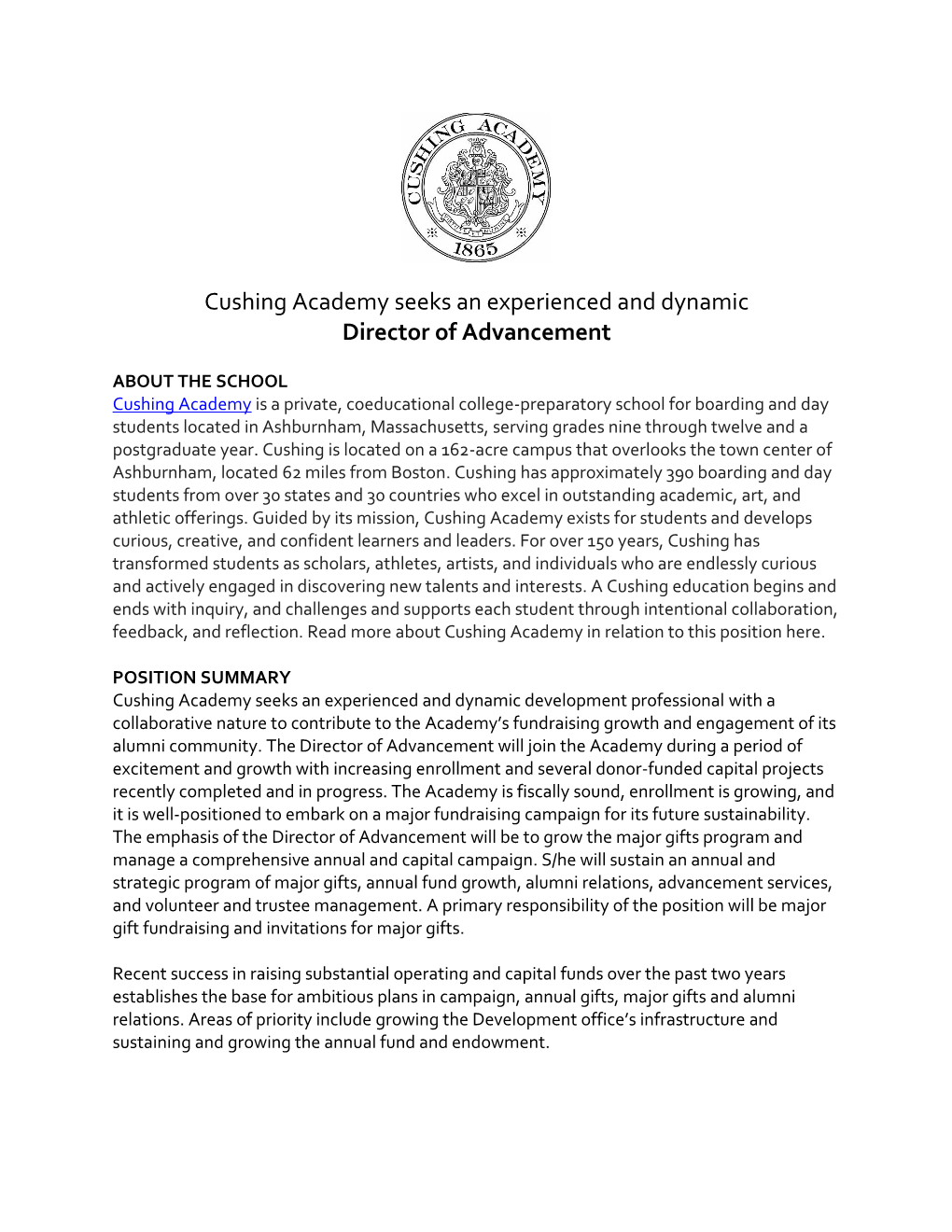 Cushing Academy Seeks an Experienced and Dynamic Director of Advancement