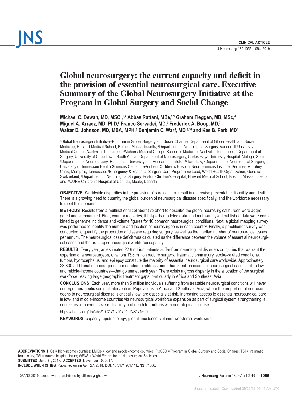 Global Neurosurgery: the Current Capacity and Deficit in the Provision of Essential Neurosurgical Care